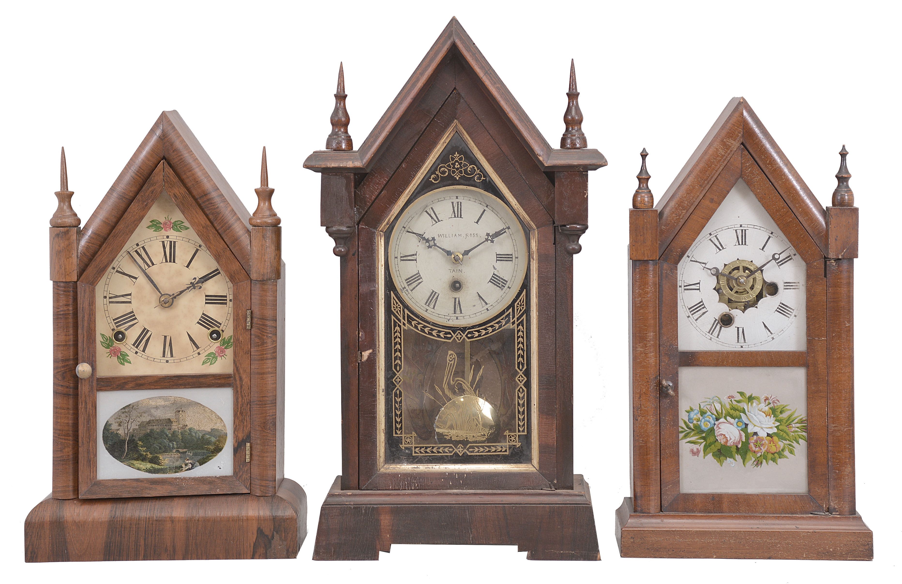 Clocks- 5 (Five): (1) New Haven Clock Co., "No. 251" mantel clock, 30 hour, time only in a zebra veneered case, c1886; (2) E.N. Welch, miniature sharp gothic mantel clock, 30 hour, time and alarm in a mahogany veneer case, c1870; (3) W.L. Gilbert, "Small Sharp Gothic", 8 day, time and strike in a rosewood veneer case, c1879; (4) E.N. Welch, sharp gothic mantel clock, 8 day, time and strike in a rosewood veneer case, c1860; (5) E.N. Welch, sharp gothic mantel clock, 30 hour, time and strike with alarm in pine case, c1860; — Antique Clocks Price Guide