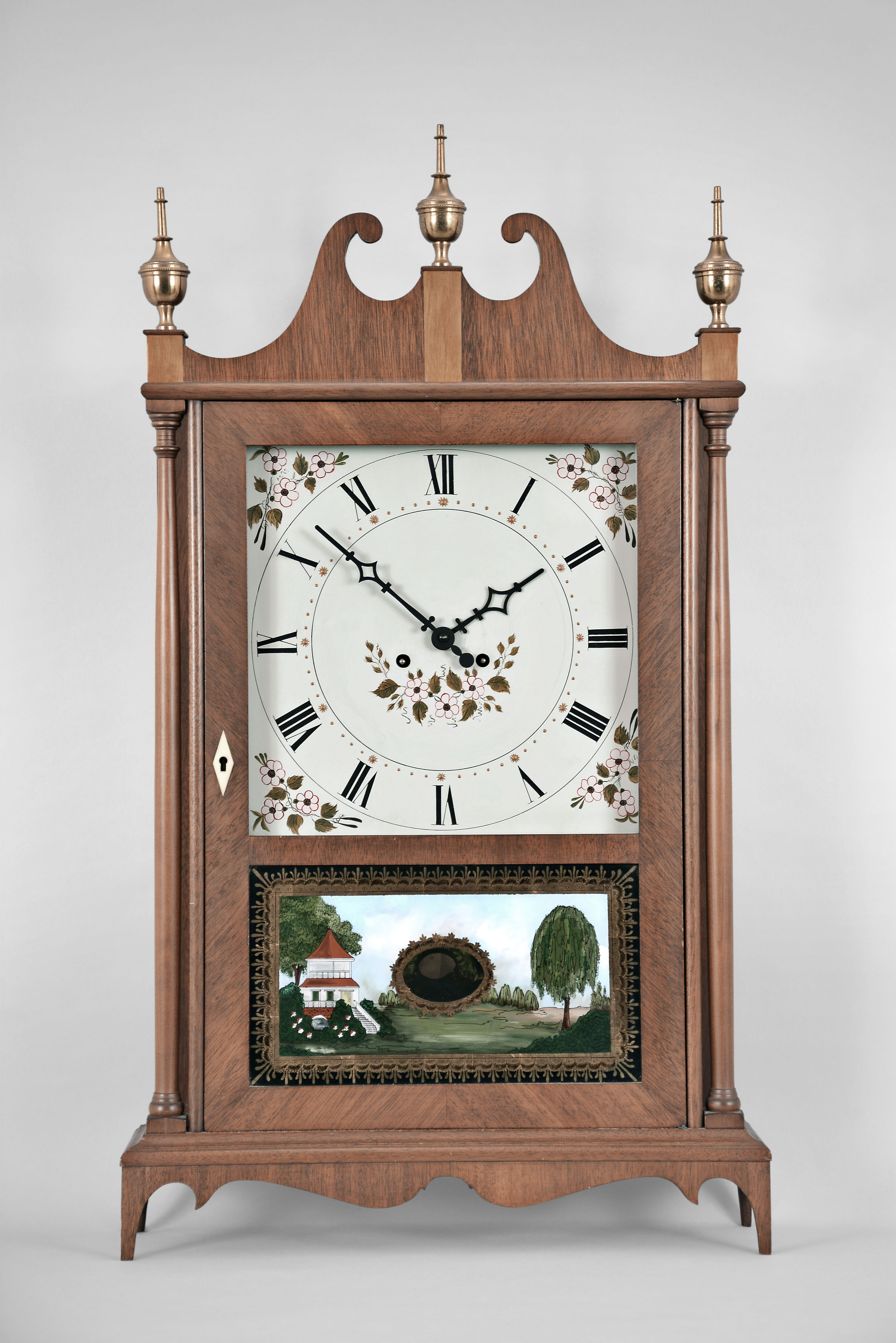 Elmer O. Stennes, Weymouth, Mass., 8 day, time and strike, spring brass movement pillar &amp; scroll shelf clock. It is alleged this is the last clock Stennes made before going to prison. — Antique Clocks Price Guide