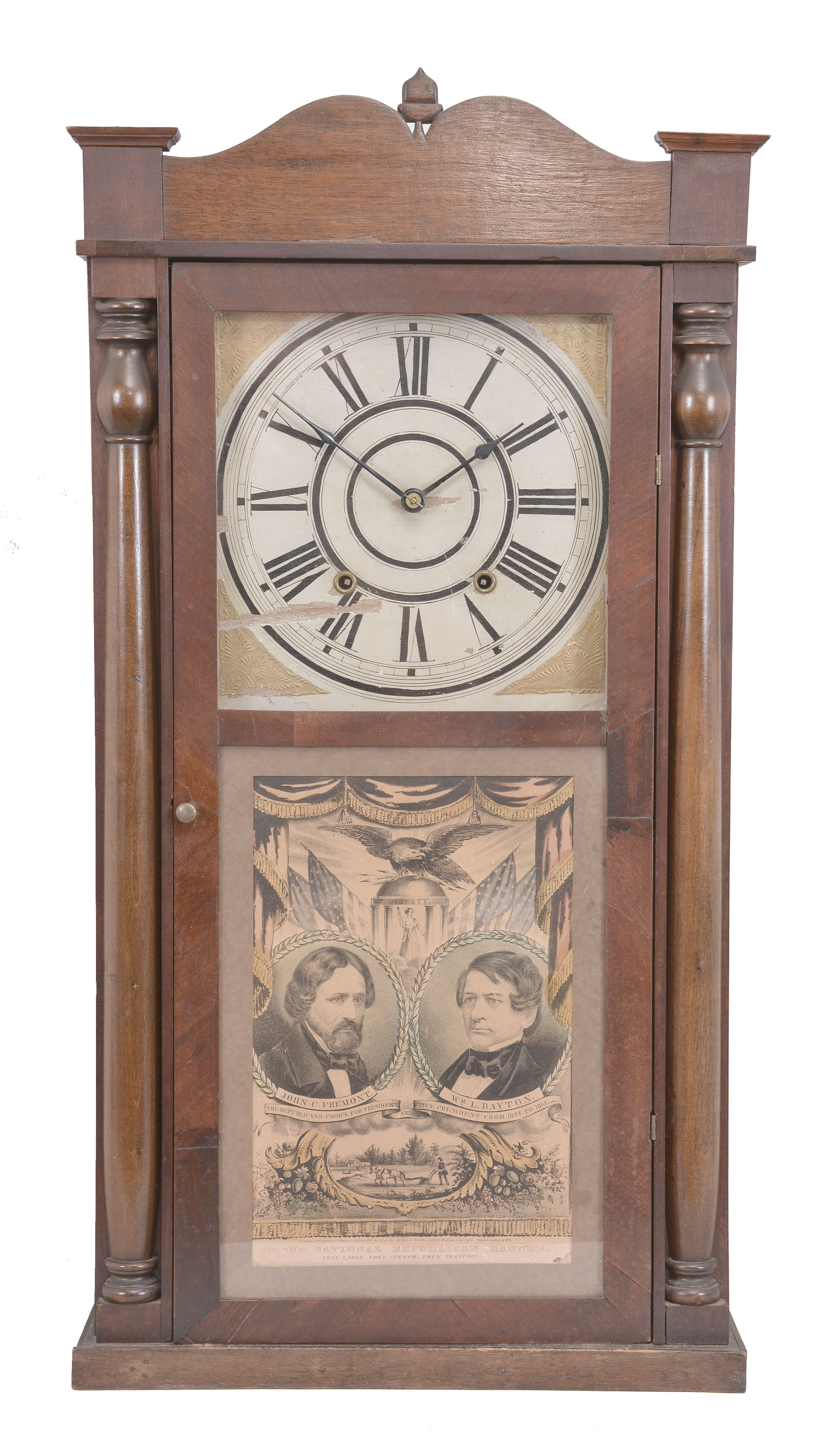 Clocks- 4 (Four): (1) Williams, Orton, Preston &amp; Co., Farmington, Conn., half column and splat shelf clock, 30 hour, time and strike, wooden movement, c1838; (2) Seth Thomas Clock Co., "Kitchen" clock, 8 day, time and strike, spring driven movement in a walnut veneer case, c1875; (3) Three weight German cuckoo with dancers and Swiss musical movement, c1980; (4) F. Marti, France, black mantel clock, 8 day, time and strike with visible escapement in a black slate case with red marble insets, c1889. — Antique Clocks Price Guide