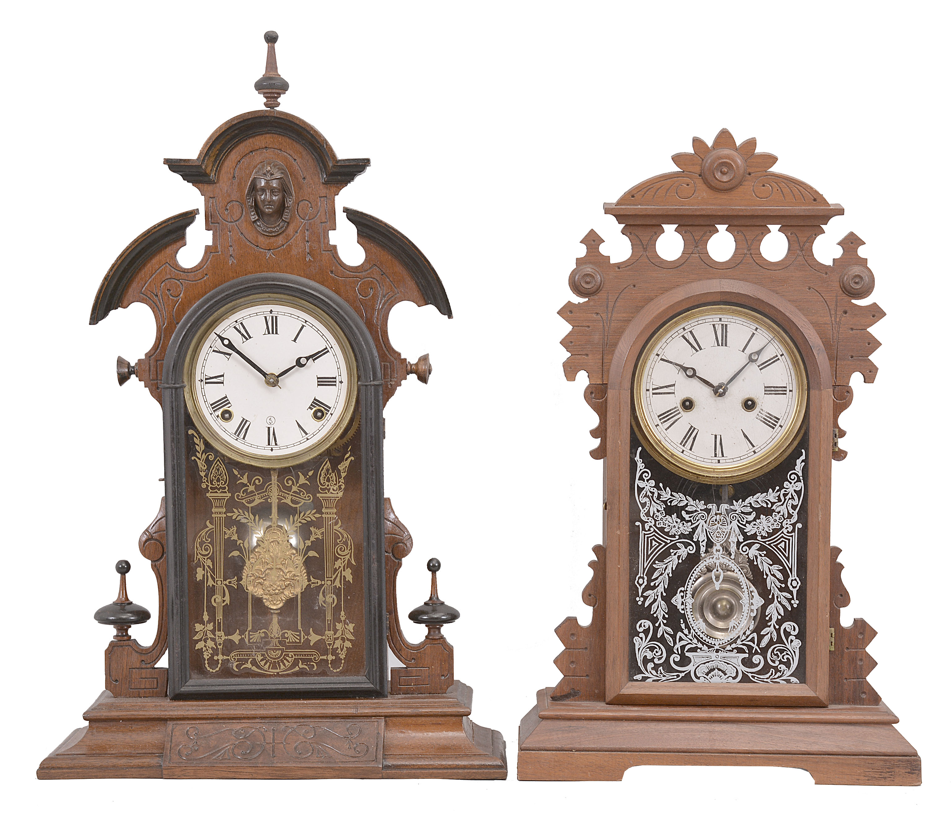 Clocks- 4 (Four): (1) "Japanese" model mantel clock, with E. N. Welch 8 day, time and strike, spring driven movement in walnut case, c1875; (2) E.N. Welch, "Amorita" mantel clock, 30 hour, time and strike, spring driven movement in a walnut case, c1886; (3) E.N. Welch, mantel clock, 8 day, time and strike with alarm, spring driven movement in walnut case, c1870; (4) Seth Thomas Clock Co., "Eclipse" mantel clock, time and strike with alarm, spring driven movement in a walnut case, c1890. — Antique Clocks Price Guide