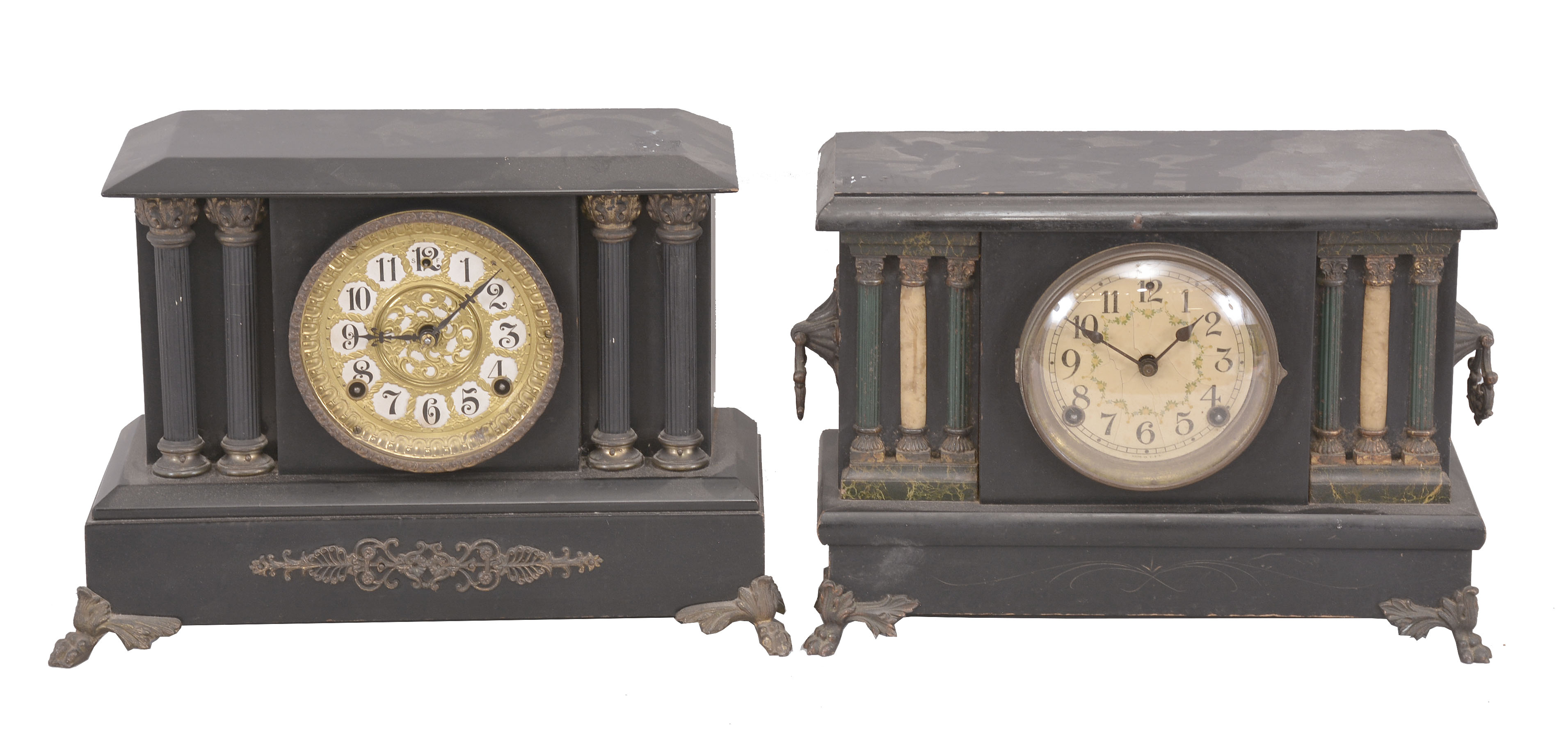 Clocks- 4 (Four): (1) Wm. L. Gilbert, "Palisade" mantel clock, 8 day, time and strike, spring driven movement in a black enameled case, c1904; (2) Unmarked, but Sessions black mantle clock, 8 day, time and strike, spring driven movement in a black wood case, c1920; (3) Sessions Clock Co., "Baldwin" mantel clock, 8 day, time and strike, spring driven movement in black enameled case, c1923 (4) Seth Thomas Clock Co., mantel clock, 8 day, time and strike, spring driven movement in an Adamantine case, c1910. — Antique Clocks Price Guide