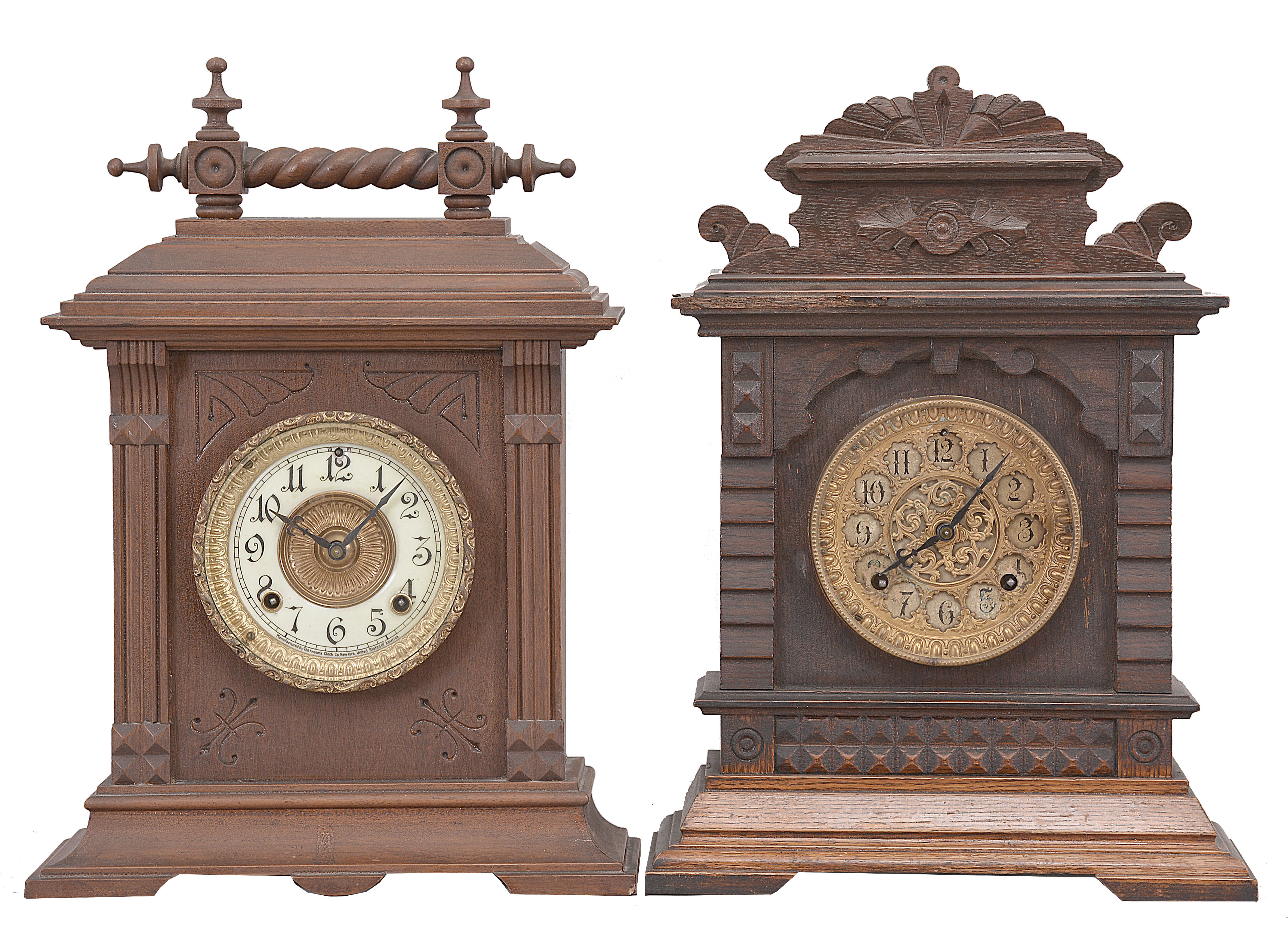 Clocks- 4 (Four) cabinet clocks, 8 day, time and strike spring driven movements in oak cases: (1) Ansonsia Clock Co., "Sussex", c1894; (2) Ansonsia Clock Co., "Syria", c1894; (3) E.N. Welch, "No. 64, Cabinet K", c1900; (4) E. Ingraham, "Kitchenette Assortment, No. 3", c1927. — Antique Clocks Price Guide