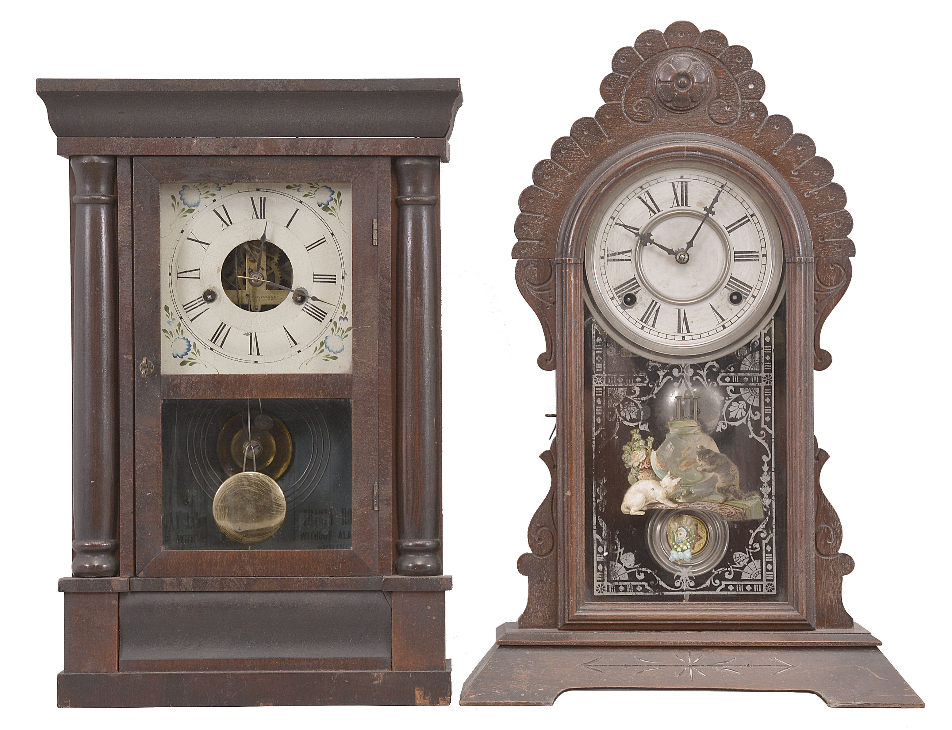 Clocks- 4 (Four): (1) Chauncey Jerome, miniature column and cornice clock, 30 hour, time and strike, spring driven movement in a grain painted wood case, c1850; (2) Waterbury Clock Co., "Hastings" mantel clock, 8 day, time and strike, spring driven movement in a walnut case, c1881; (3) Seth Thomas Clock Co., "Cottage" clock, 8 day, time and strike, spring driven movement in a rosewood veneer case, c1880; (4) E.N. Welch, "Peerless" clock, 8 day, time and strike, spring driven movement in a wood case, c1872. — Antique Clocks Price Guide