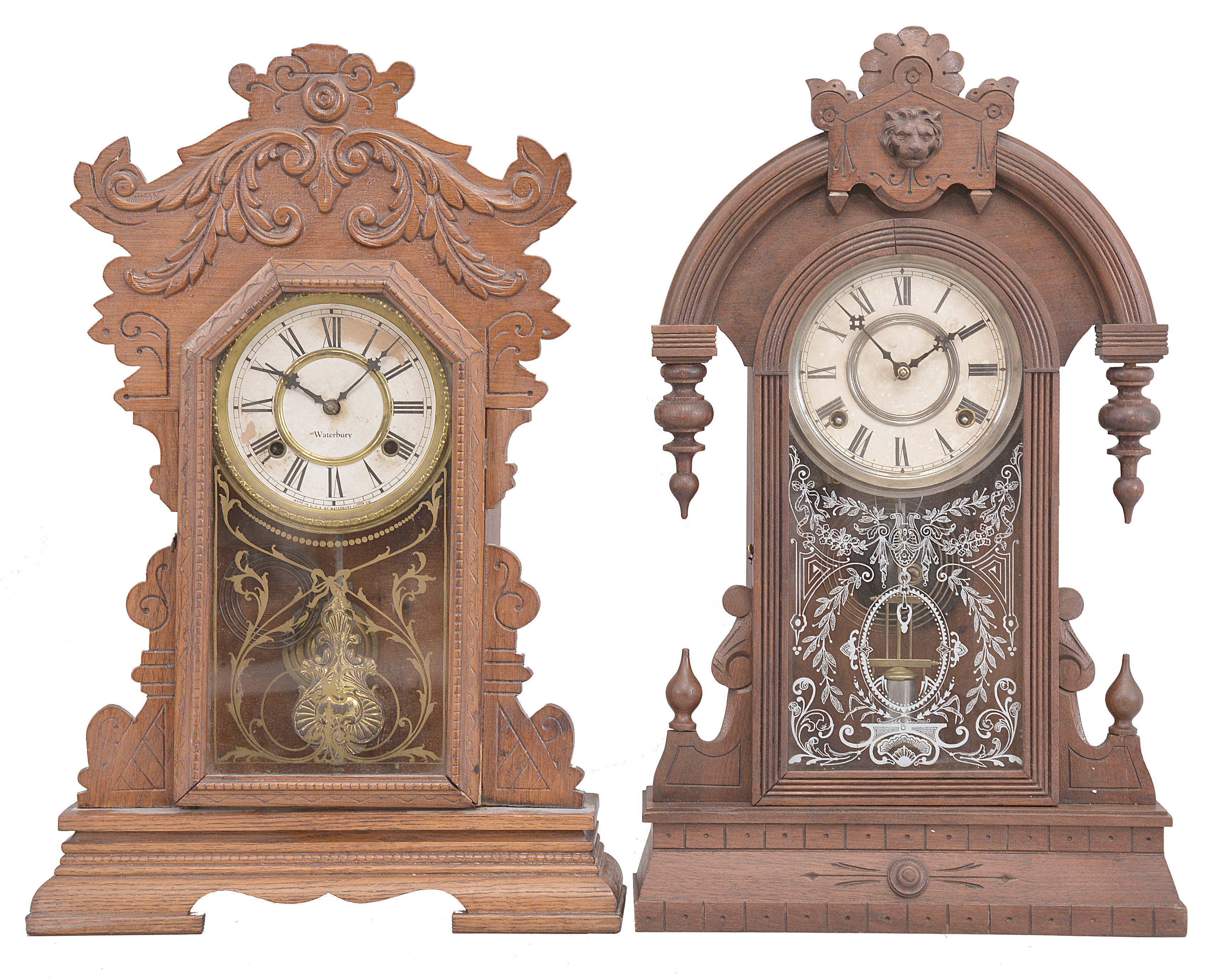 Clocks- 3 (Three): (1) Waterbury Clock Co., "Kingsland" clock, 8 day, time and strike, spring driven movement in an oak case, c1906; (2) George B. Owen, Winsted, Conn., mantel clock, 8 day, time and strike, spring driven movement in a walnut case, c1885; (3) Seth Thomas Clock Co., "New York" collage series clock, 8 day, time and strike with alarm in an oak case, c1909. Lot also includes two mantel clock backboards with paper labels and mounted movements, one 8 day and on 20 hour, by E.N. Welch and Welch Spring &amp; Co. — Antique Clocks Price Guide