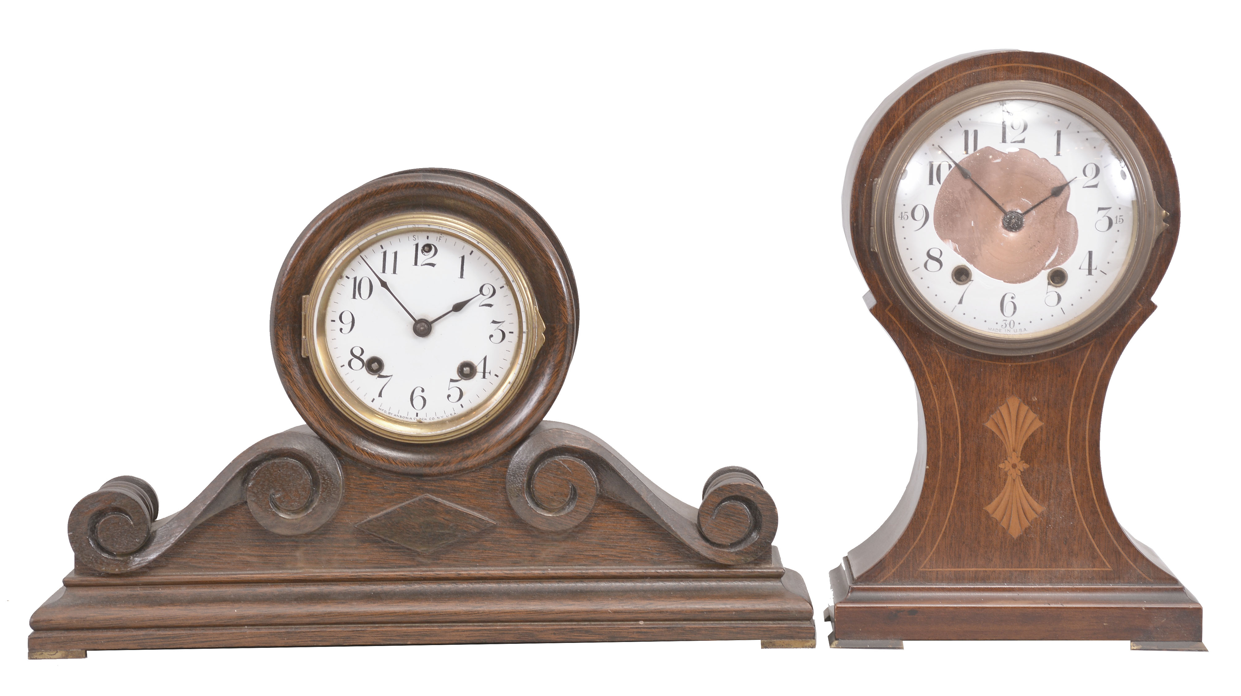Clocks- 4 (Four): (1) Ansonia Clock Co., "Cabinet No. 31" clock, 8 day, time and strike in a walnut case, c1914; (2) Seth Thomas Clock Co., "Parma" clock, 8 day, time and strike in a walnut case, c1909; (3) Seth Thomas Clock Co., "Dana No. 7" mantel clock, 8 day, time and strike in an Adamantine case, c1913; (4) Seth Thomas Clock Co, "Medbury" clock, 8 day, time and strike with Westminster chime, spring driven movement with floating balance in a mahogany case, c1975. — Antique Clocks Price Guide