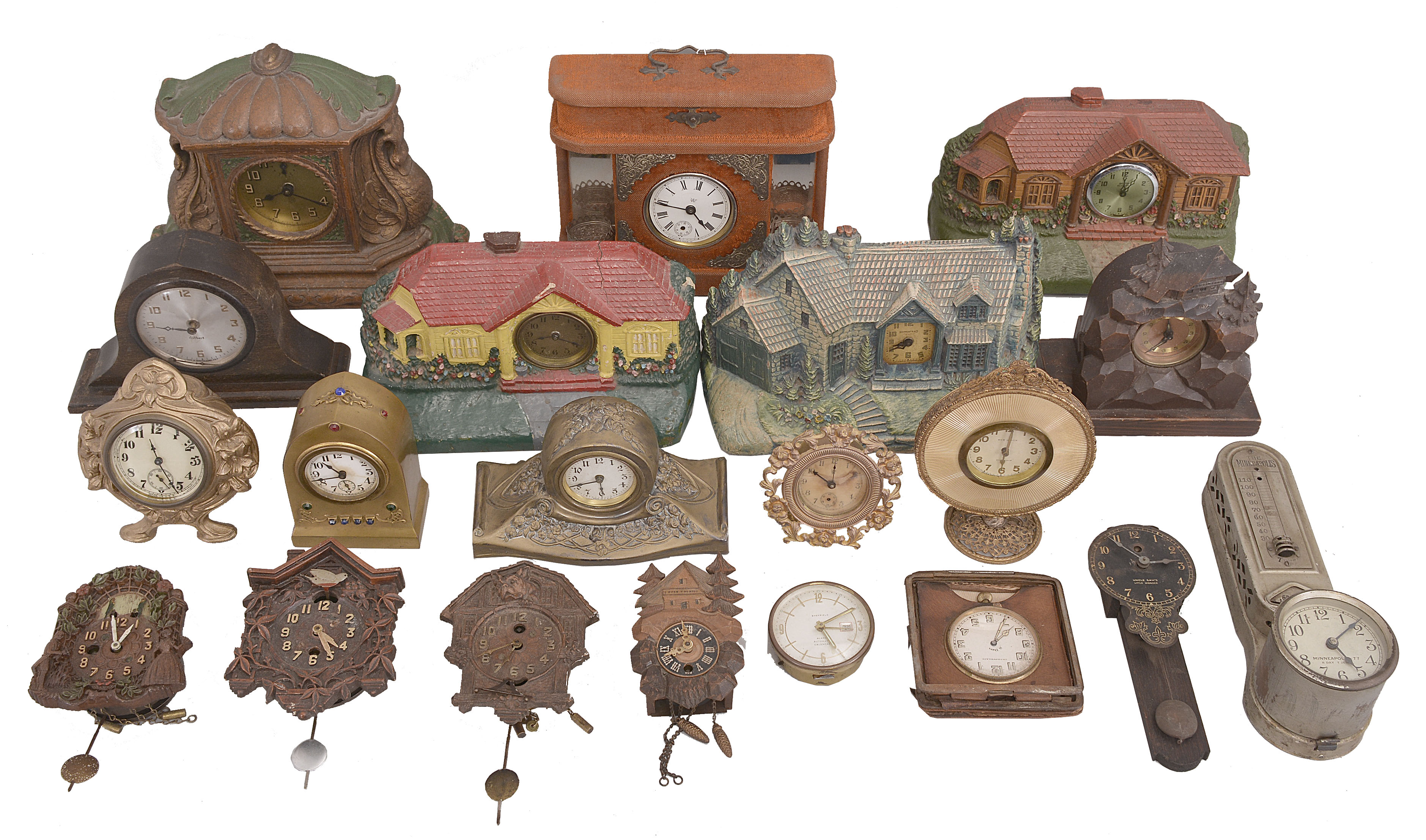 Clocks- 20 (Twenty): small novelty and desk clocks including makers such as Lux, Gilbert, Waterbury, Sheffield, New Haven, Bristol Auto Clock Co., De Luxe Clock &amp; Mfg Co., and others. — Antique Clocks Price Guide