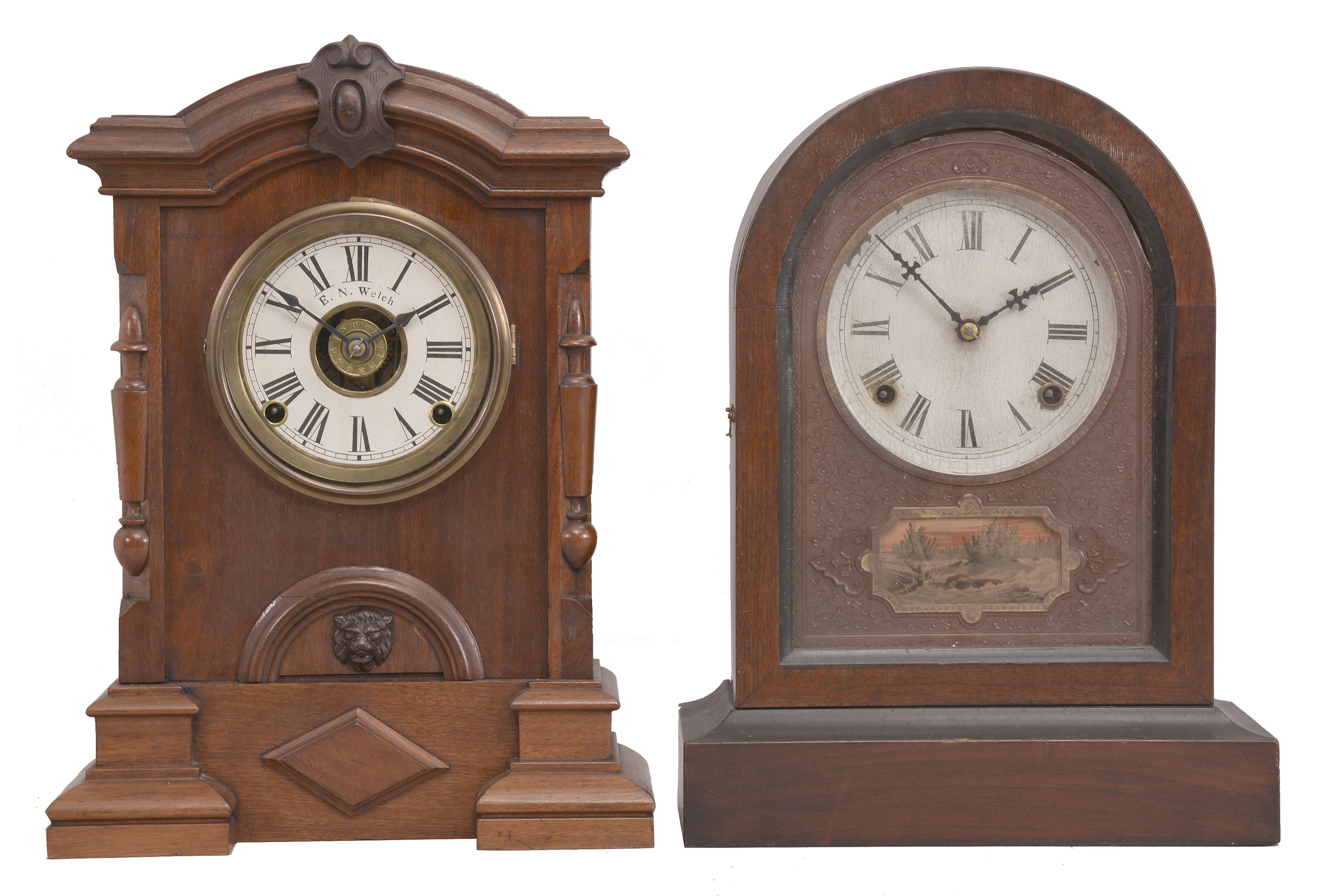 Clocks- 7 (Seven): (1) E.N. Welch, arch-top mantel clock similar to the Kroeber &amp; Gilbert "Arch Top" models, 8 day, time and strike with alarm in a walnut case, c1875; (2) Jerome &amp; Co., New Haven, Conn., round-top mantel clock, 8 day, time and strike in a walnut case with painted metal dial and gutta percha mask, c.1870 Clocks (3) through (7) are 30 hour cottage clocks by Welch, Seth Thomas, Atkins, and others. — Antique Clocks Price Guide