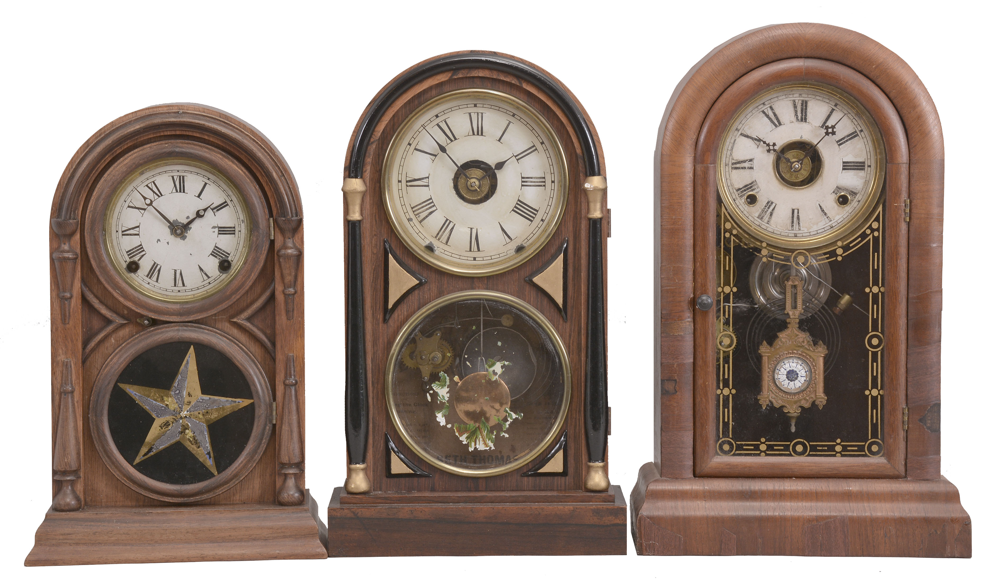Clocks- 3 (Three): (1) Atkins Clock Co., Bristol, Conn., "Round Top" shelf clock, 8 day, time and strike movement in a rosewood veneered case, c1875; (2) Seth Thomas Clock Co., Thomaston, Conn., "Chicago", 8 day, time and strike with alarm in a rosewood veneered case, c1874; (3) E.N. Welch, "Round Gothic, V.P.", 8 day, time and strike with alarm in a mahogany veneered case, c1885. — Antique Clocks Price Guide