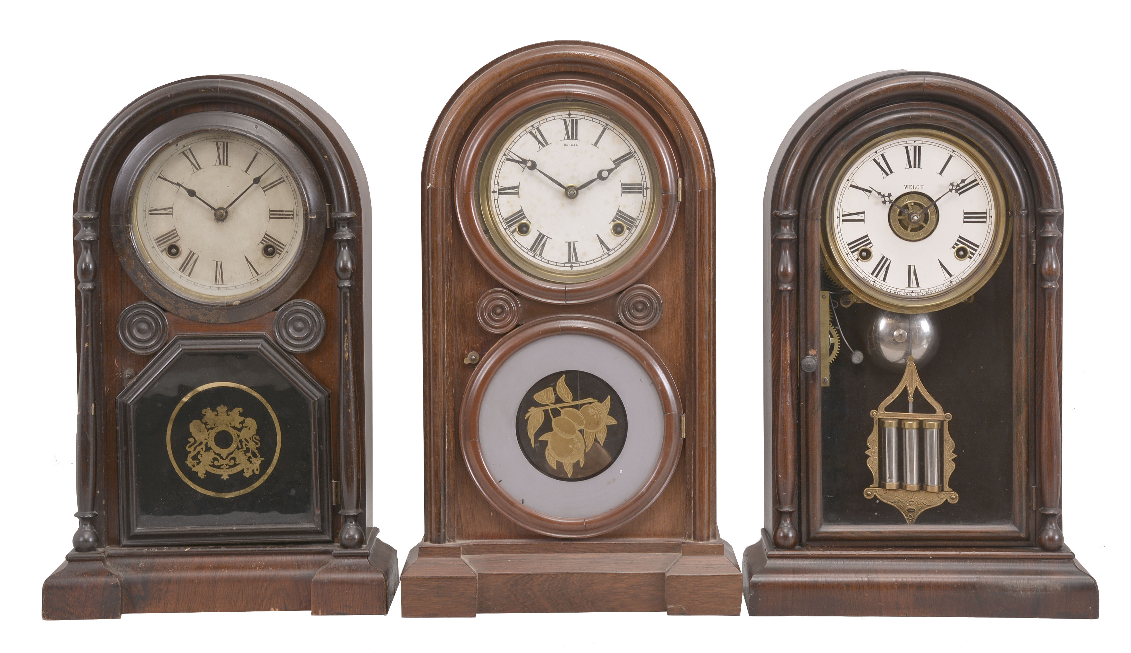 Clocks- 3 (Three): (1) Welch, Spring, &amp; Co., Forestville, Conn., "Italian No. 1" mantel clock, 8 day, time and strike movement in a rosewood veneered case, c1878; (2) E. Ingraham, Bristol, Conn., "Venetian No. 2" mantel clock, 8 day, time and strike movement in a walnut case, c1875; (3) Welch, Spring, &amp; Co., Forestville, Conn., "Italian No. 2, V.P." mantel clock, 8 day, time and strike with alarm in a rosewood veneered and grain painted case, c1880. — Antique Clocks Price Guide
