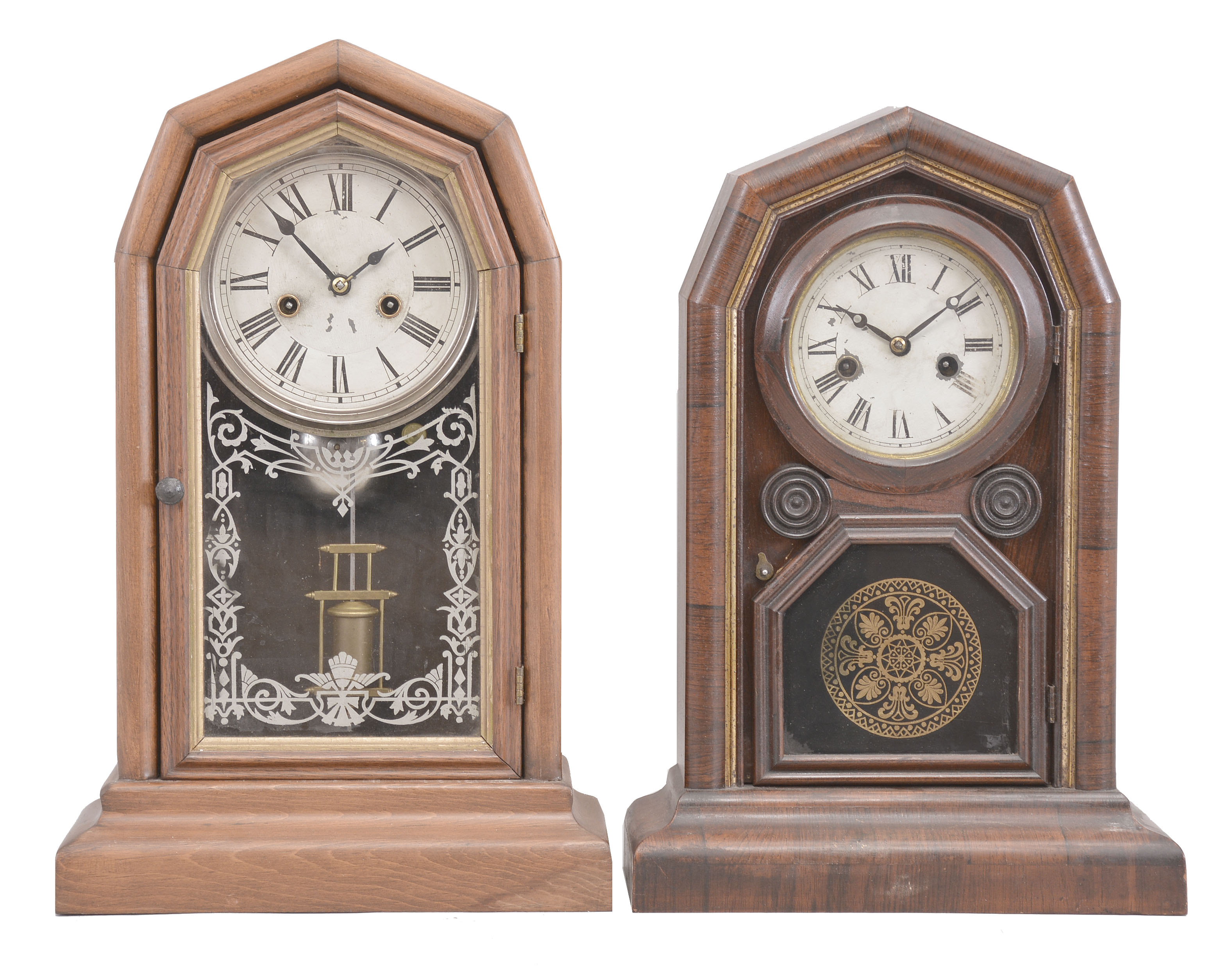 Clocks- 4 (Four) Welch, Spring, &amp; Co., Forestville, Conn., time and strike, spring driven: (1) "Empress, V.P." mantel clock, 30 hour movement in a softwood case, c1880; (2) "Empress", 30 hour movement in a rosewood veneered case, c1872; (3) "Empress, V.P." mantel clock, 30 hour movement with alarm in a rosewood veneer case, c1880; (4) "Empress, V.P." mantel clock, 8 day movement in a rosewood veneer case, c1885. — Antique Clocks Price Guide