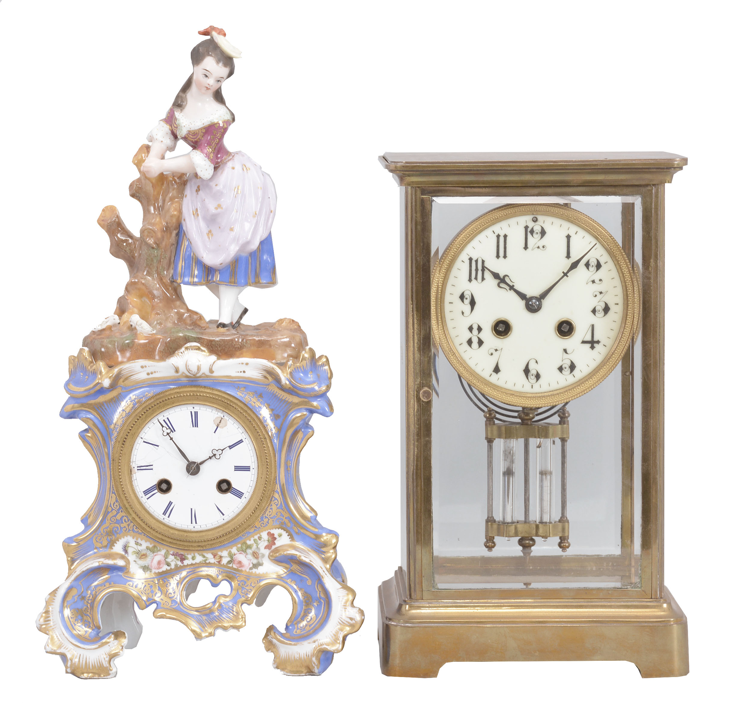 Clocks- 2 (Two): (1) France, mantel clock, 8 day, time and strike, spring driven movement with silk thread suspension in a two-piece porcelain figural case, c1840; (2) Japy Freres &amp; Cie, Paris, crystal regulator, 8 day, time and strike, spring driven pendule de Paris movement with compensating pendulum in a glazed brass case, c1905. — Antique Clocks Price Guide