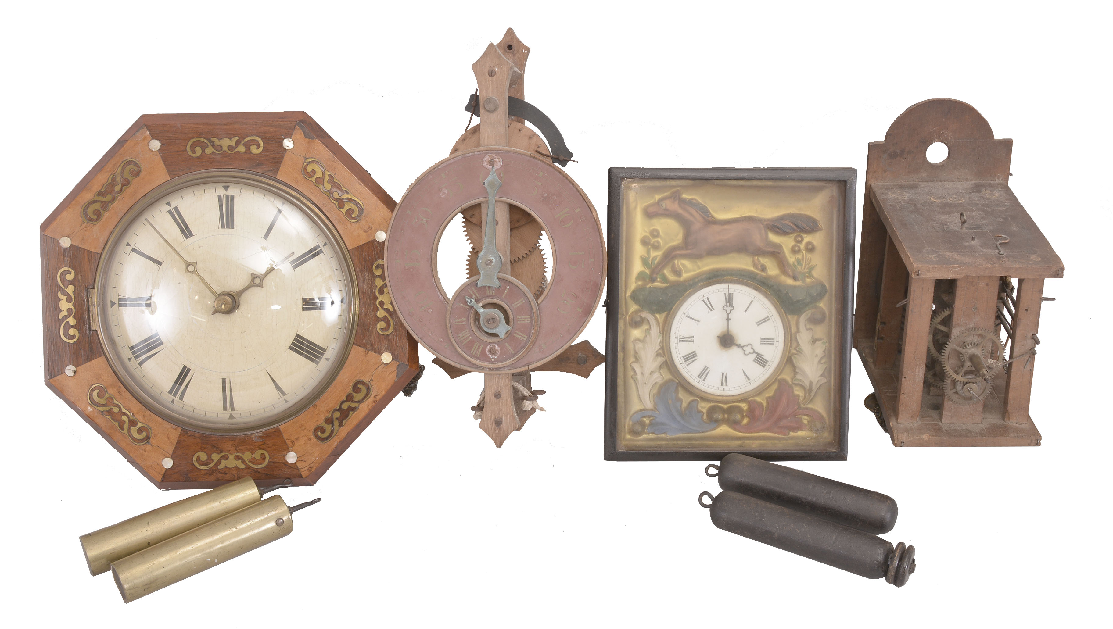 Clocks- 6 (Six) European wall: (1) Carl Mazek, Hannover, Germany; R/A wall clock, 8 day, time and strike, spring driven movement; (2) Gustav Becker, Freiberg, Germany, Vienna regulator, 8 day, time and strike, weight driven movement, c1920; (3) Germany, wag on the wall, 30 hour, weight driven wood plate movement with a wood dial and octagonal bezel; (4) Germany, wag on the wall, 30 hour, weight driven movement with an embossed brass dial surround; (5) Germany, wag on the wall movement, 30 hour, weight driven with wood plates; (6) Buamann LTD, Switzerland, wooden works novelty wall clock, weight driven movement with interesting pin wheel escapement. — Antique Clocks Price Guide