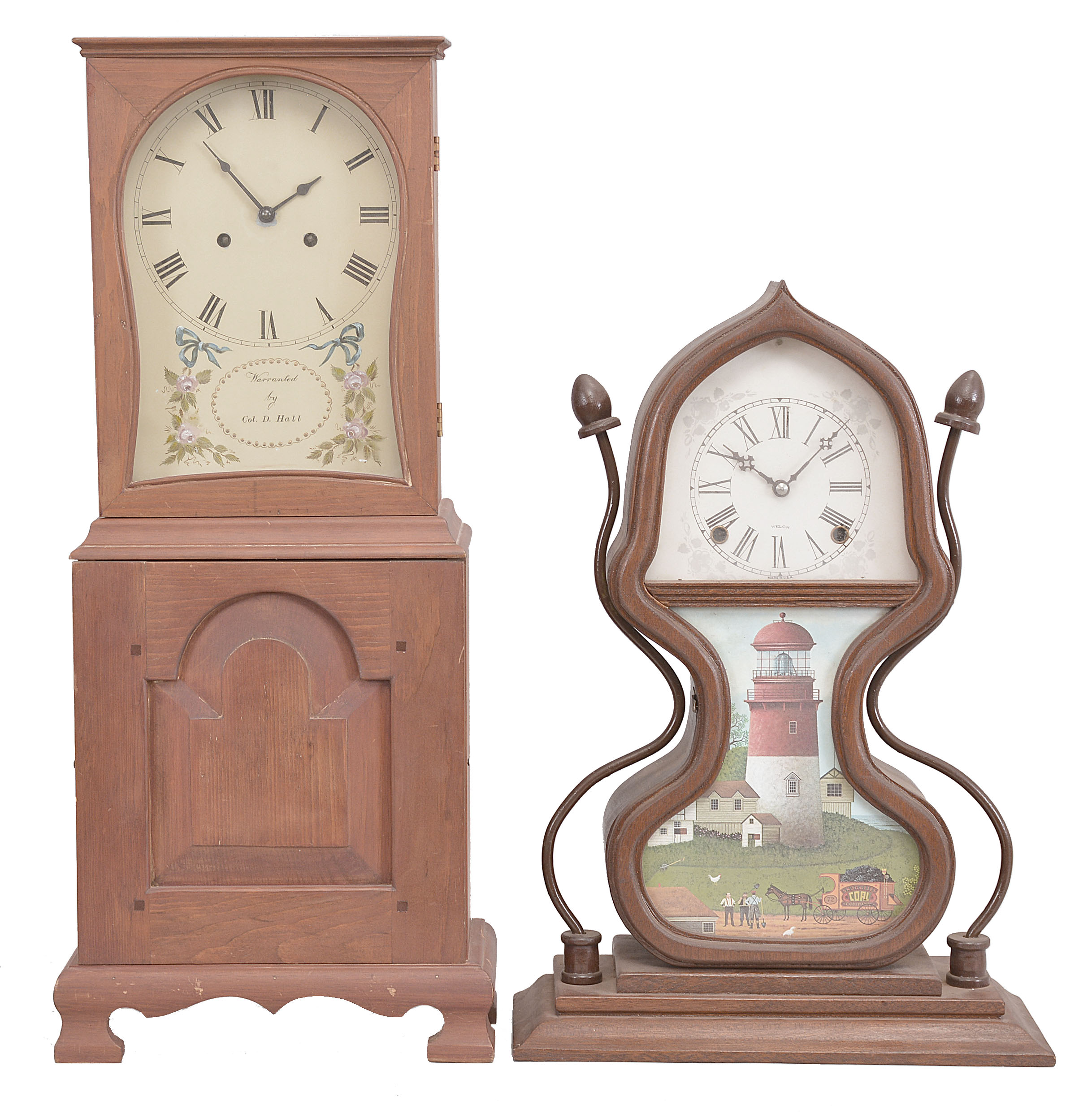 Clocks- 2 (Two): (1) Unknown, Mass.-style shelf clock reproduction, 8 day, time and strike, spring driven German movement in a handmade pine case, c1980; (2) Unknown, reproduction of acorn shelf clock originally produced by Forestville Manufacturing Co., 8 day, time and strike, spring driven movement in a walnut case, c1990. — Antique Clocks Price Guide