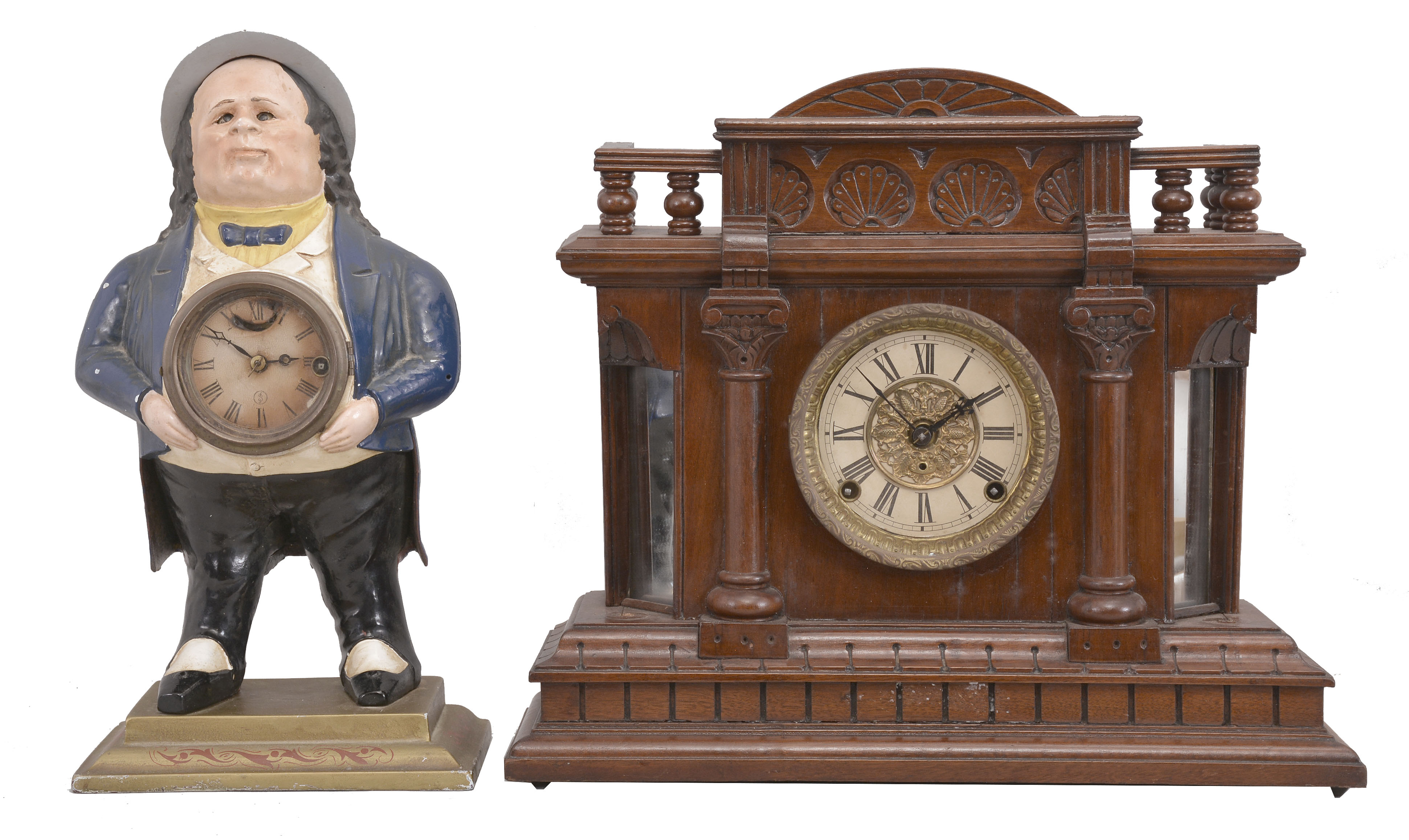 Clocks- 2 (Two): (1) Waterbury Clock Co., Waterbury, Conn., "John Bull / Squire" blinking eye or winker figural timepiece, 30 hour, time only, spring driven balance wheel movement in a painted cast iron case with papered dial, c1875; (2) F. Kroeber Clock Co., New York, "Cabinet No. 59" mantel clock, 8 day, time and strike, spring driven movement in a walnut case, c1888. — Antique Clocks Price Guide