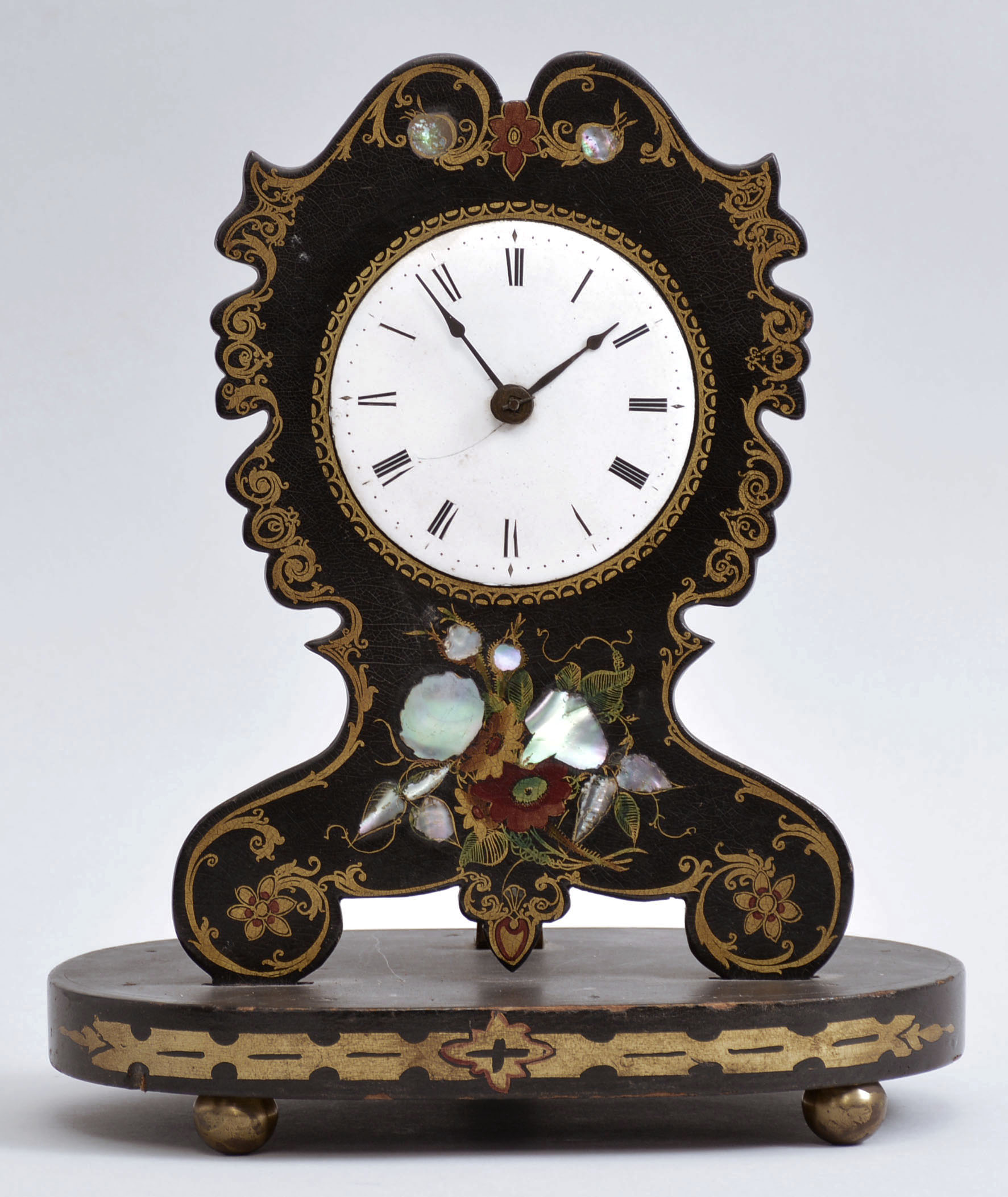 New Haven Clock Co., New Haven, Conn. for Coe &amp; Co., New York, shelf timepiece, 30 hour, time only, spring driven movement with Samuel N. Botsford's patent lever escapement on a wood base with paper mache front. — Antique Clocks Price Guide