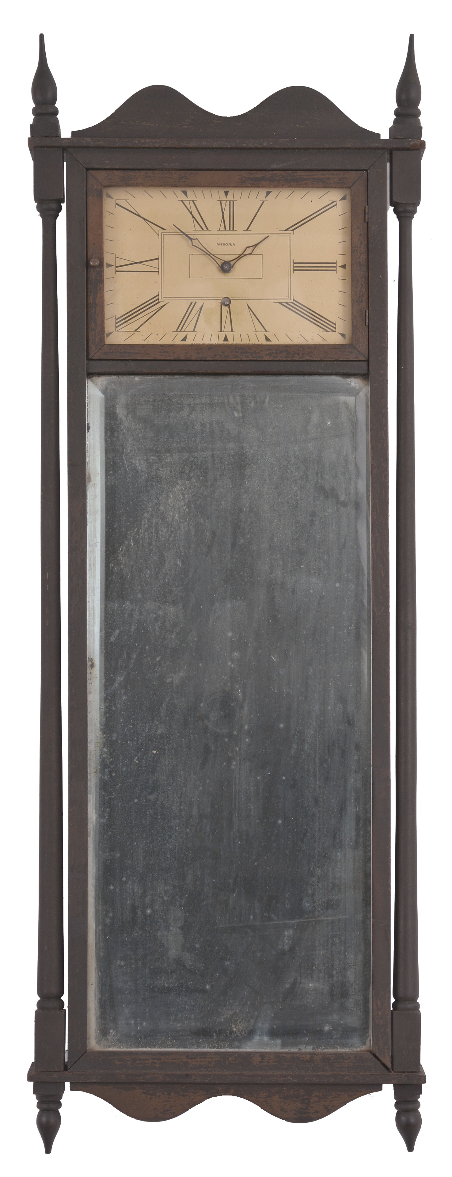 Clocks- 3 (Three): (1) Waltham Watch Co., Waltham, Mass. for Ansonia Clock Co., New York, "Early Colonial" mirror timepiece, 8 day, time only, spring driven movement with lever escapement in a walnut frame, c1923; (2) Seth Thomas Clock Co., Thomaston, Conn., "Banjo No. 7" wall clock, 8 day, time and strike, spring driven movement in a mahogany case, c1929; (3) Sessions Clock Co., Forestville, Conn., store regulator wall clock, 8 day, time only, spring driven movement in an oak case, c1908. — Antique Clocks Price Guide