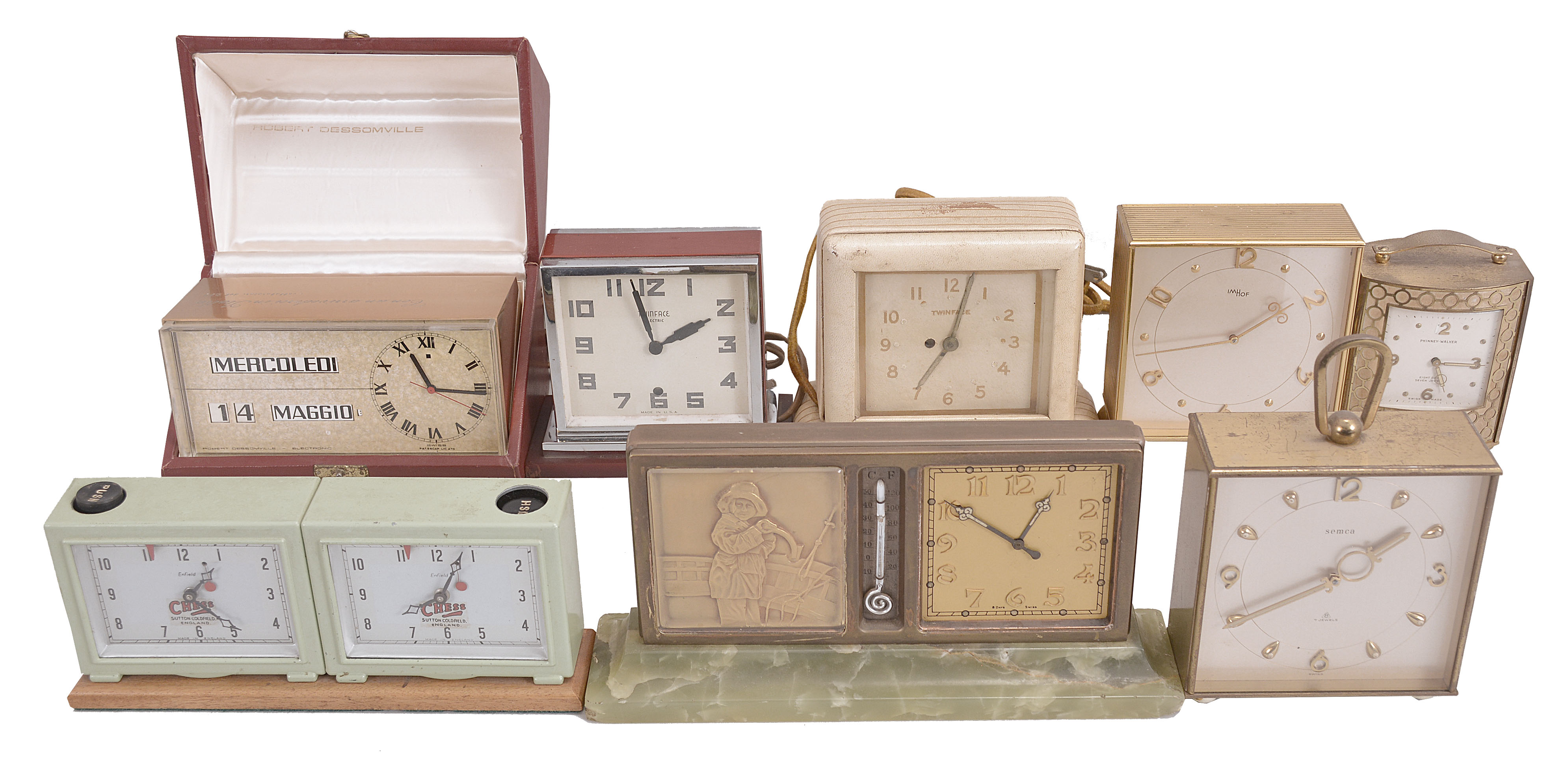 Clocks- 8 (Eight): Lot includes five mechanical and electric double-sided desk clocks by makers such as Phinney-Walker, Semca, Imhof, and Twinface; an English chess clock by Sutton Coldfield; a Swiss-made electric desk calendar clock displaying Italian language; a Swiss double-sided clock with calendar and thermometer on a green marble base. — Antique Clocks Price Guide