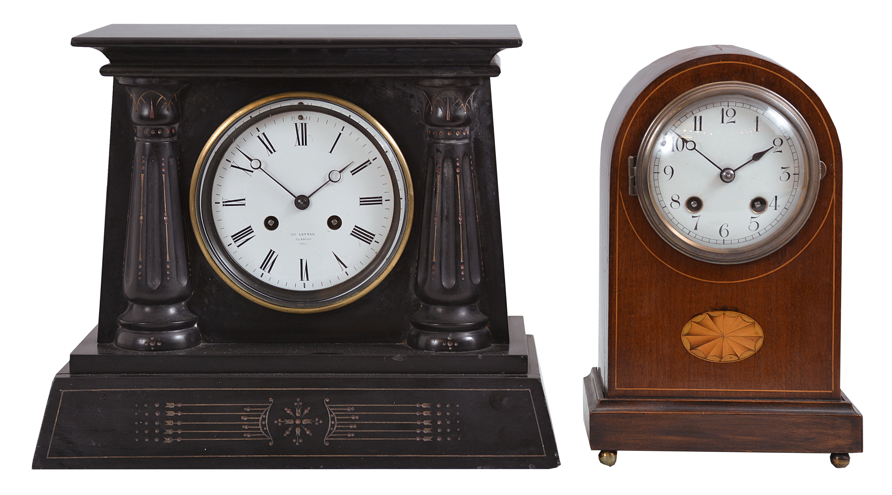 Clocks- 2 (Two): (1) Vincenti &amp; Cie., Paris, mantel clock, 8 day, time and strike, spring driven pendule de Paris movement in a black slate case with Egyptian-style columns, c1880; (2) France, round top mantel clock, 8 day, time and strike, spring driven pendule de Paris movement in a walnut case with inlay, c1910. — Antique Clocks Price Guide