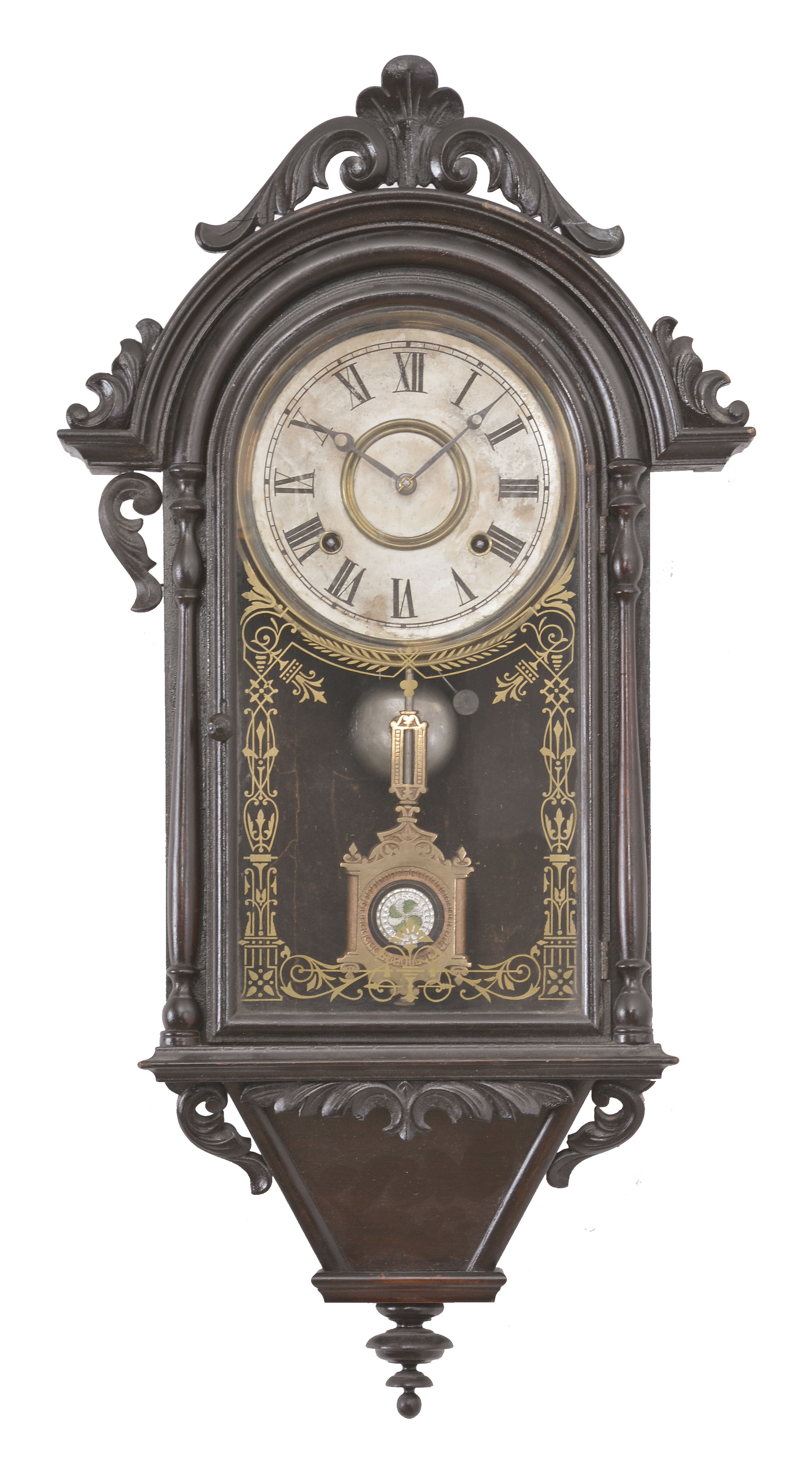 E. N. Welch Mfg. Co., Forestville, Conn., "Italian Hanging V.P." wall clock, 8 day, time and strike, spring driven movement in a rosewood and rosewood veneered case. — Antique Clocks Price Guide