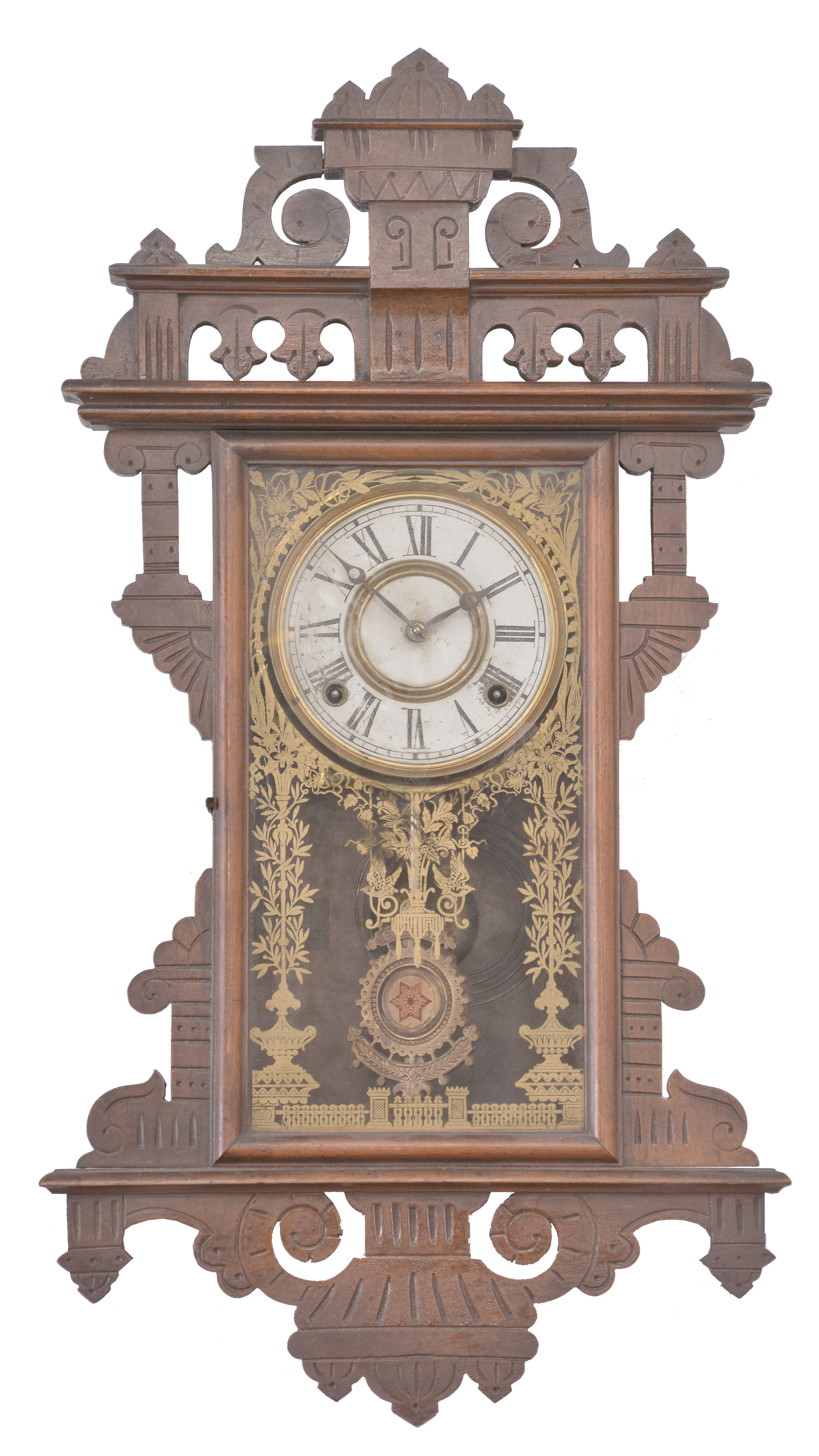 Clocks- 3 (Three): (1) E. N. Welch Mfg. Co., Forestville, Conn., "Eclipse" wall clock, 8 day, time and strike, spring driven movement in a walnut case, c1885;. (2) E. N. Welch Mfg. Co., Forestville, Conn, for "Colby Wringer Co." wall clock, 8 day, time and strike with alarm, spring driven movement in a walnut case, c1883; (3) Seth Thomas Clock Co., Thomaston, Conn., for L.B. Price Company, Kansas City, "Queen Bee" wall clock, 8 day, time and strike, spring driven movement in an oak case, c1890. — Antique Clocks Price Guide