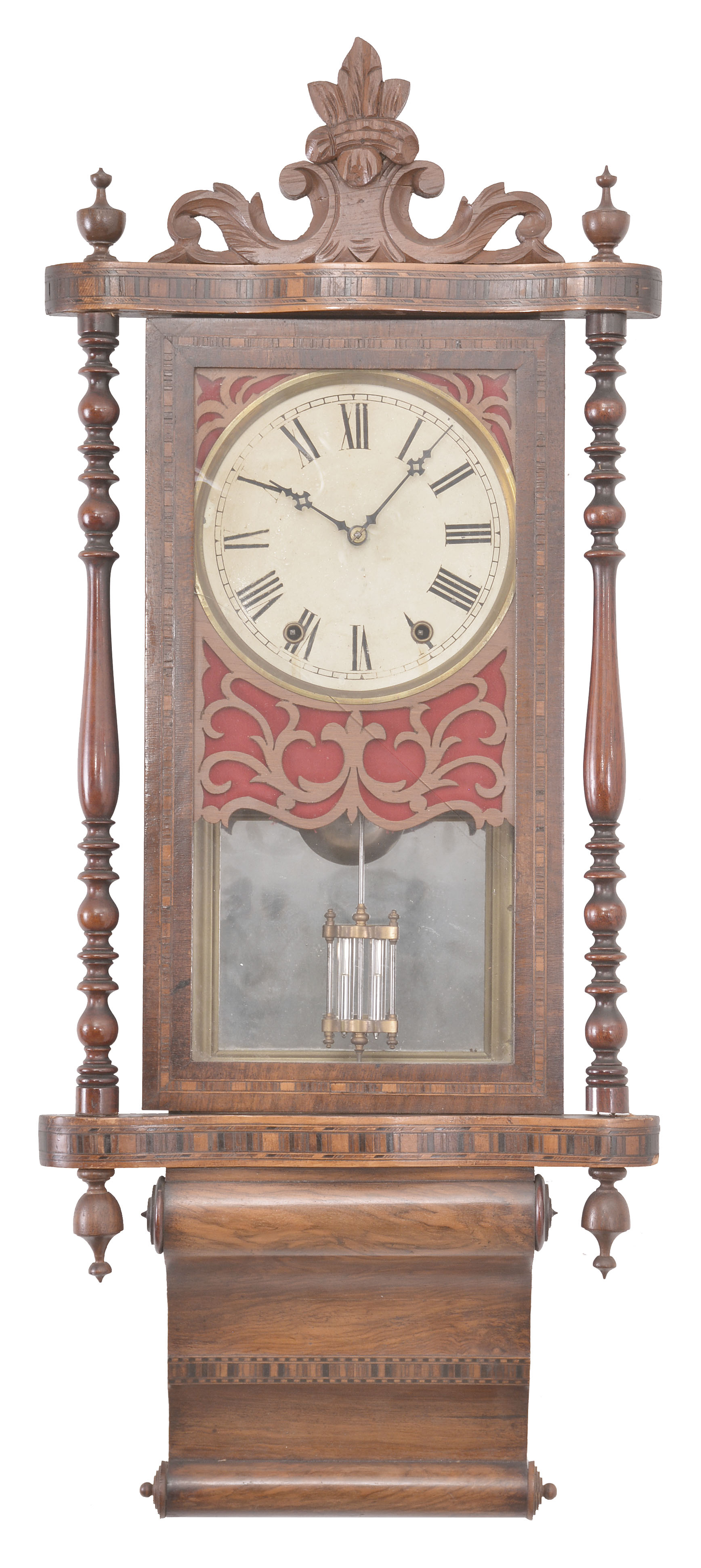 Clocks- 3 (Three): Anglo-American wall clocks, 8 day, time and strike, spring driven brass movements in wood and wood veneer cases with walnut burl, carvings, and/or turned accents, all three with painted metal dials, c1890. — Antique Clocks Price Guide