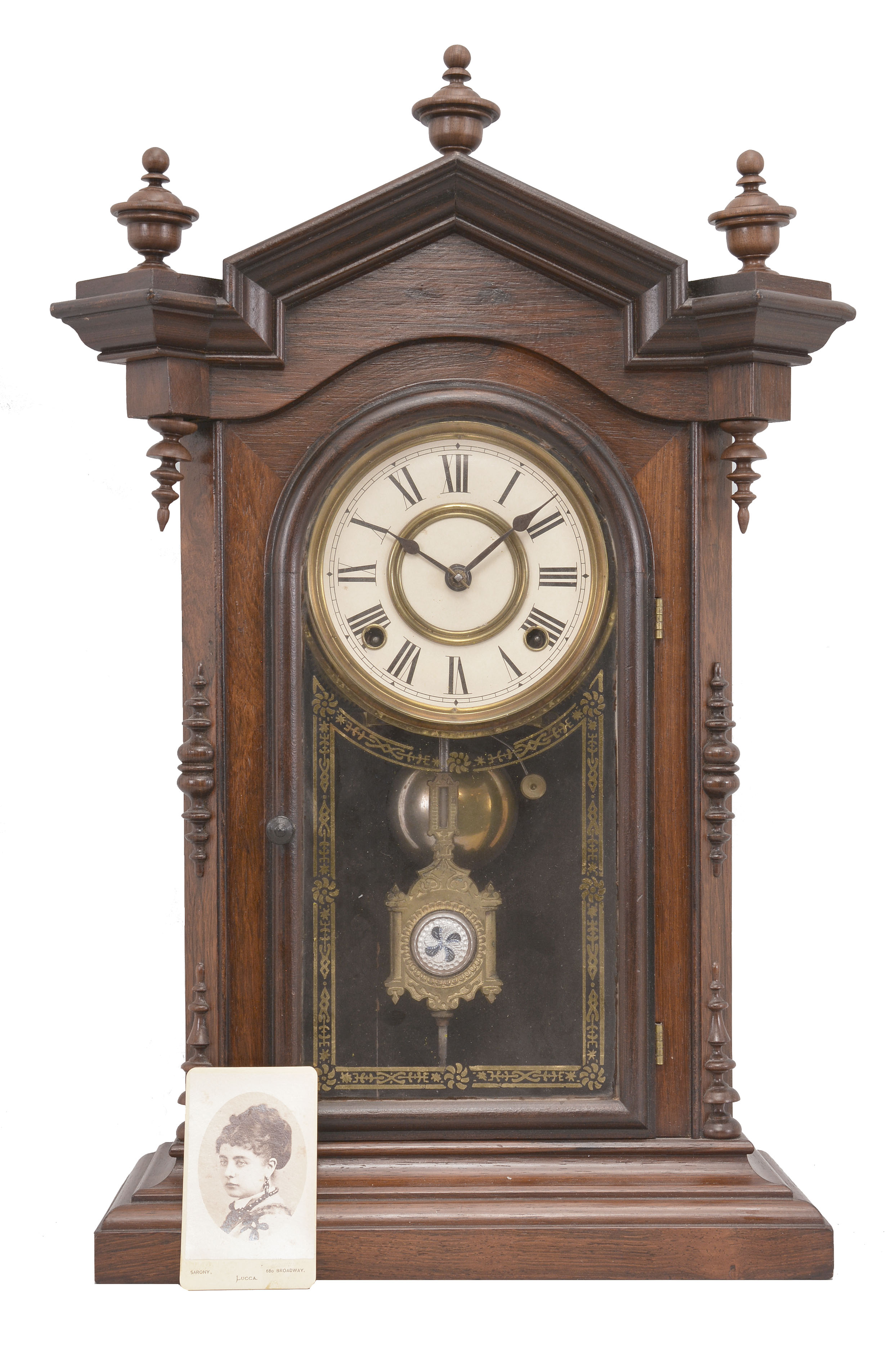 Welch, Spring &amp; Co., Forestville, Conn., "Lucca V.P." shelf clock, 8 day, time and strike, spring driven movement in a rosewood veneered case. — Antique Clocks Price Guide