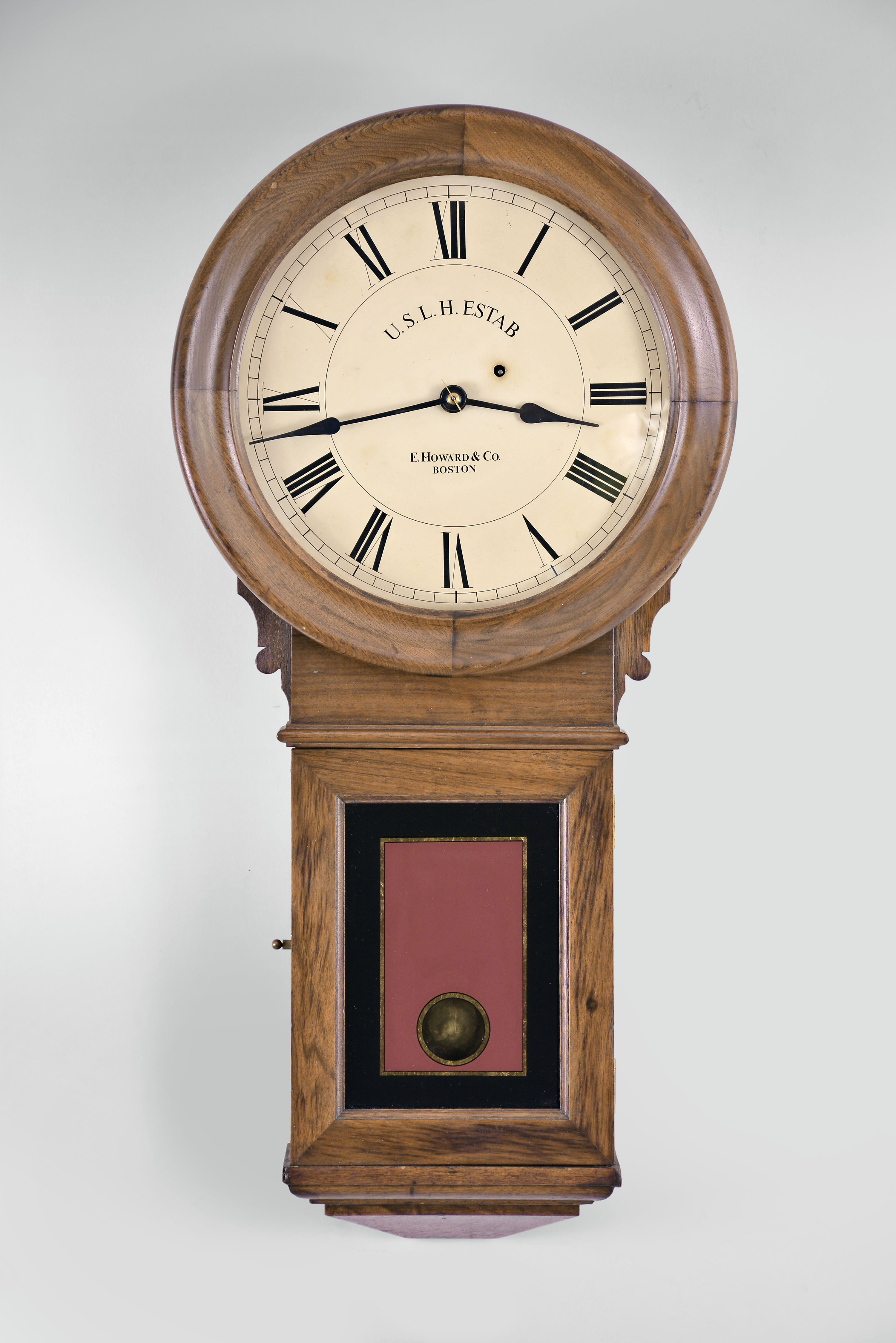 E. Howard &amp; Co., Boston, Mass., "Regulator No. 70", 8 day, weight brass movement wall timepiece. The dial is signed "U.S. L. H. Estab ". — Antique Clocks Price Guide