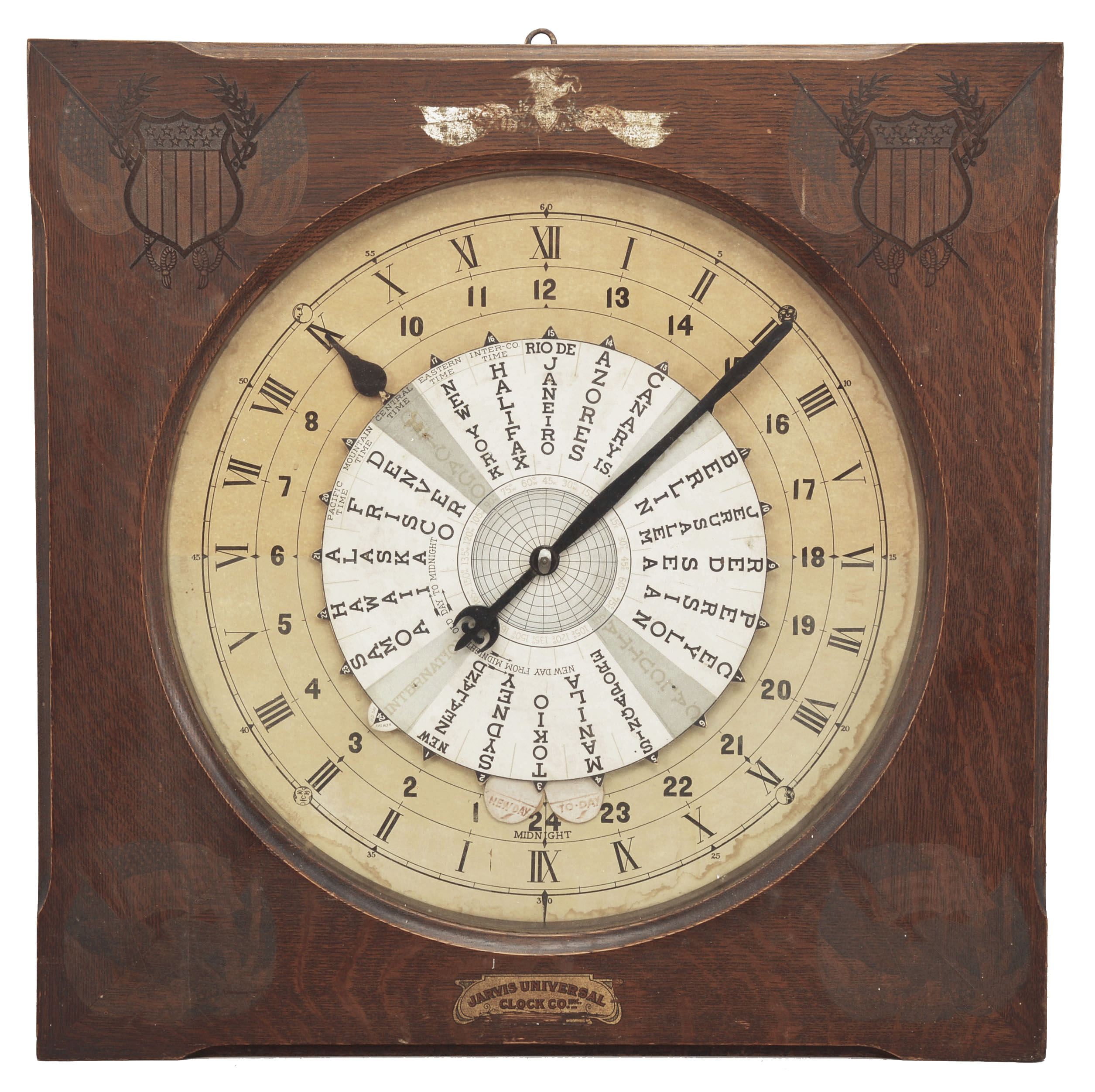 Seth Thomas Clock Co., Thomaston, Conn. for Jarvis Universal Clock Co., Chicago, Illinois, "Jarvis World Clock", 30 day, time only, twin spring movement in an oak case with 19 inch 24 hour dial showing time of day for points around the globe. — Antique Clocks Price Guide