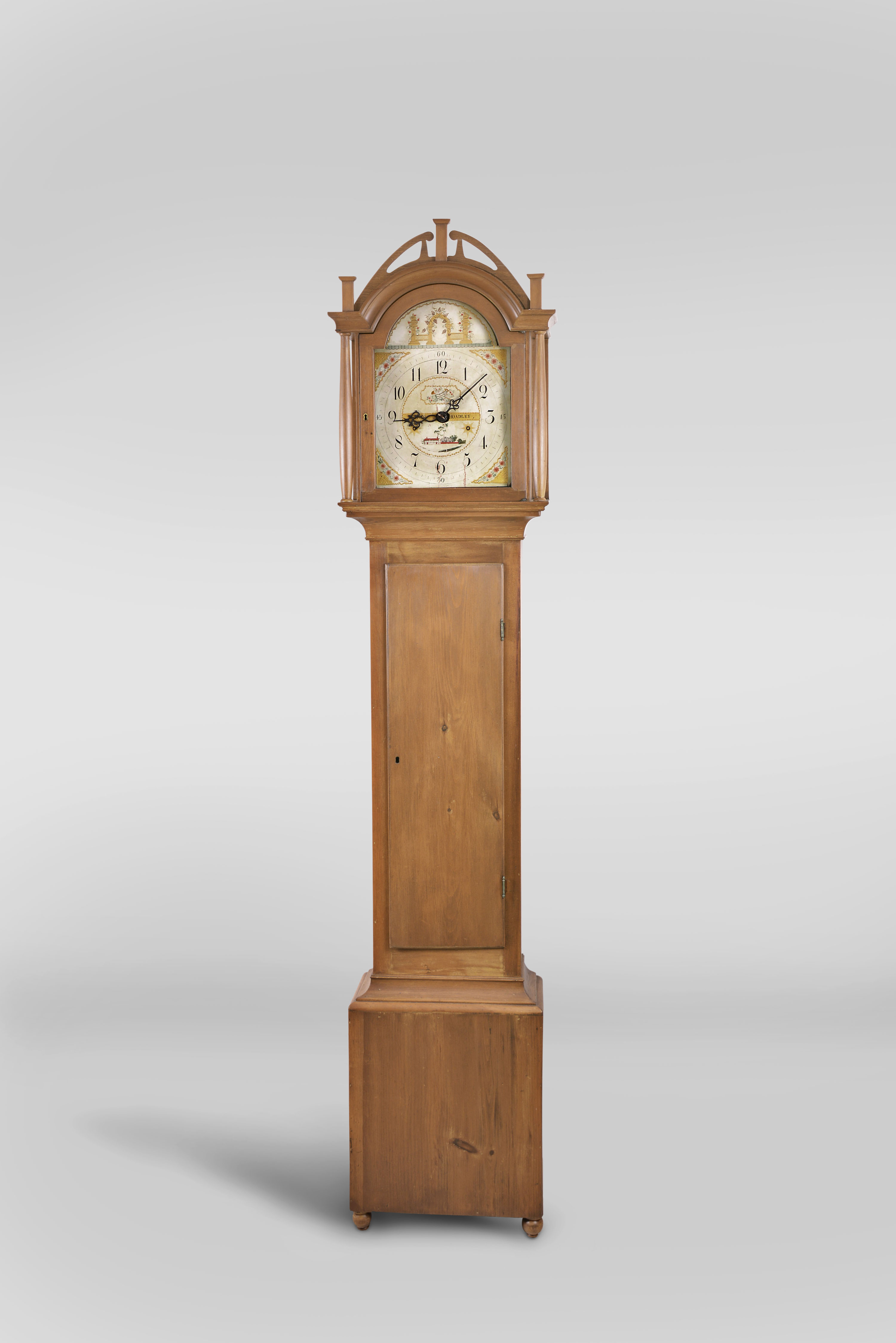 Silas Hoadley, Plymouth, Conn., tall case clock, 8 day, time and bell strike, weight driven wooden works movement in a pine case with a nice folk art painted wooden dial — Antique Clocks Price Guide