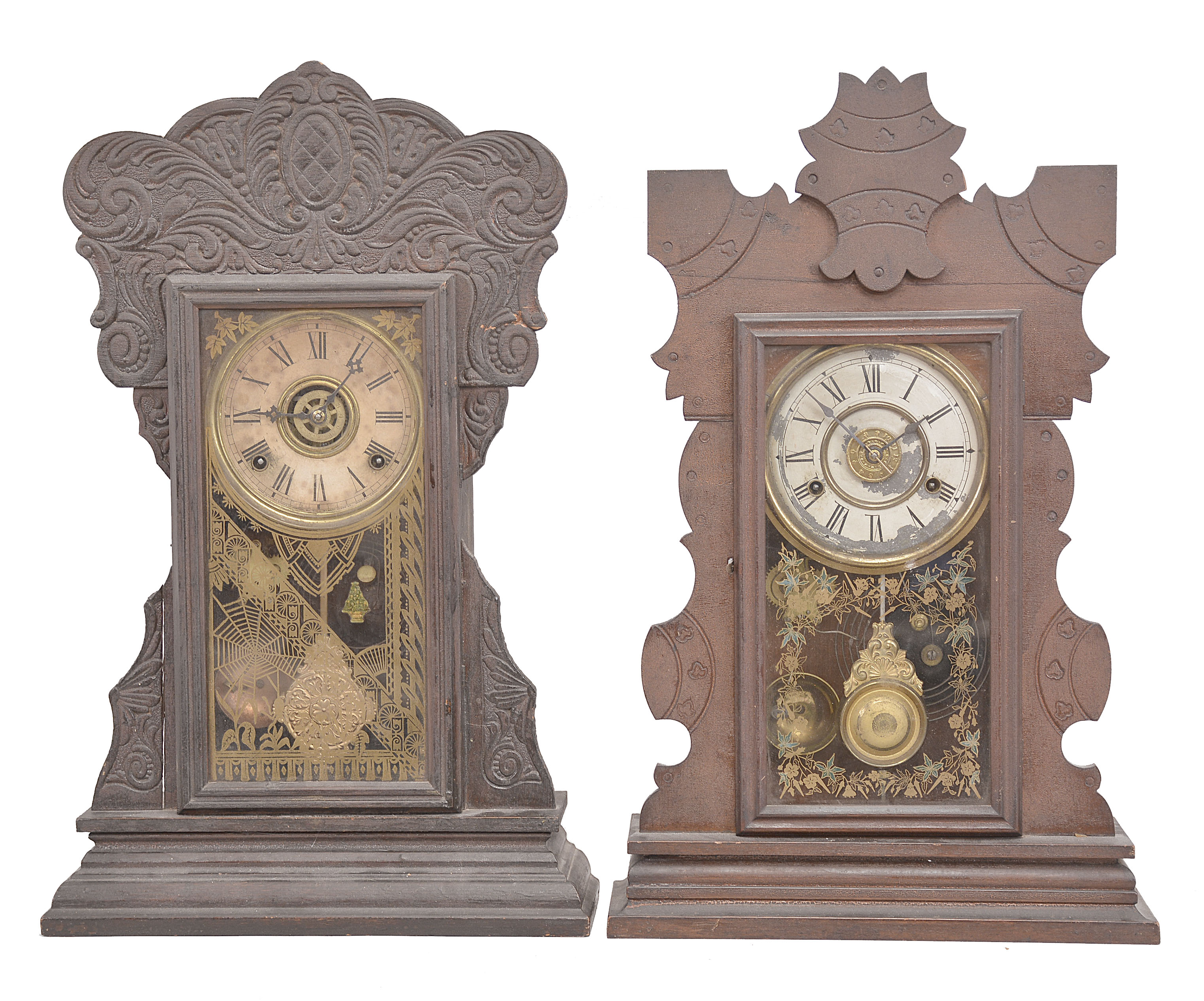 Clocks- 4 (Four): (1) Wm. L. Gilbert, Winsted, Conn., "Capitol No. 44" mantel clock, 8 day, time and strike with alarm in an oak case, c1904; (2) New Haven Clock Co., "Nancy" mantel clock, 8 day, time and strike with alarm in a walnut case, c1895; (3) Wm. L. Gilbert, Winsted, Conn., "The Joyce" mantel clock, 8 day, time and strike with alarm in an oak case, c1900; (4) New Haven Clock Co., "No. 508" mantel clock, 8 day, time and strike in a walnut case, c1890; — Antique Clocks Price Guide