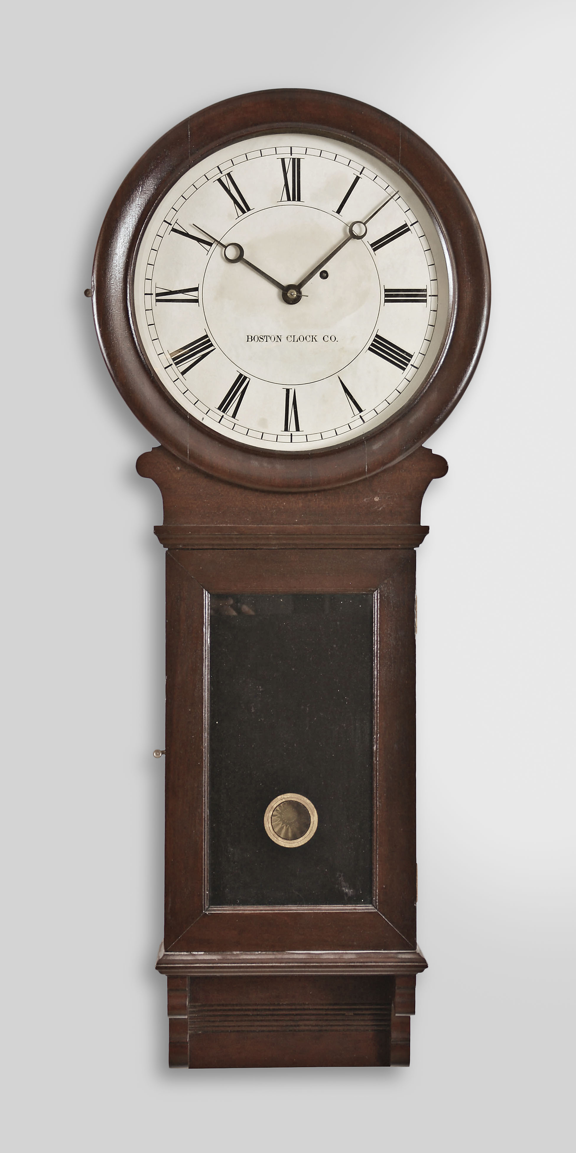 Boston Clock Co., Boston, Mass., wall regulator, 8 day, time only, weight driven movement a in mahogany case with painted metal dial. — Antique Clocks Price Guide