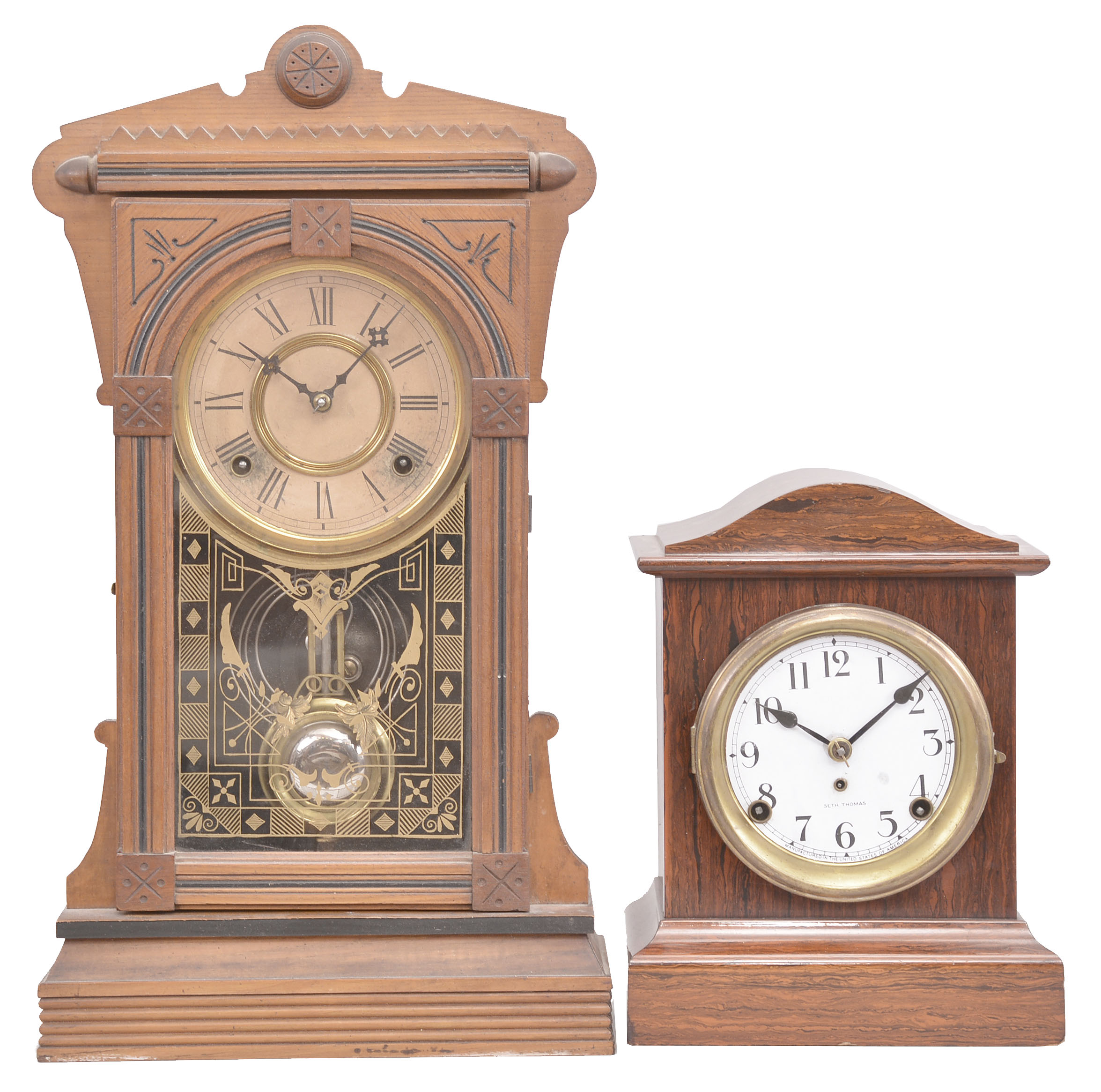 Clocks- 5 (Five): (1) Henry C. Smith, Plymouth, Conn., OG shelf clock, 30-hour time and strike with alarm, weight driven brass movement, c1845; (2) Wm. L. Gilbert Clock Co., Winsted, Conn., "Ersa" shelf clock, 8 day, time and strike, spring driven movement in a walnut case, c1885; (3) Seth Thomas Clock Co., Thomaston, Conn., "Dana No. 3" mantel clock, time and strike, spring driven movement in a mahogany adamantine case, c1913; (4) Seth Thomas Clock Co., Thomaston, Conn., Unlisted mantel clock, time and strike, spring driven movement in a mahogany adamantine case, c1900; (5) Ansonia Clock Co., New York, "Loire" mantel clock, time and strike, spring driven movement with visible Brocot escapement in an enameled iron case, 1904. — Antique Clocks Price Guide