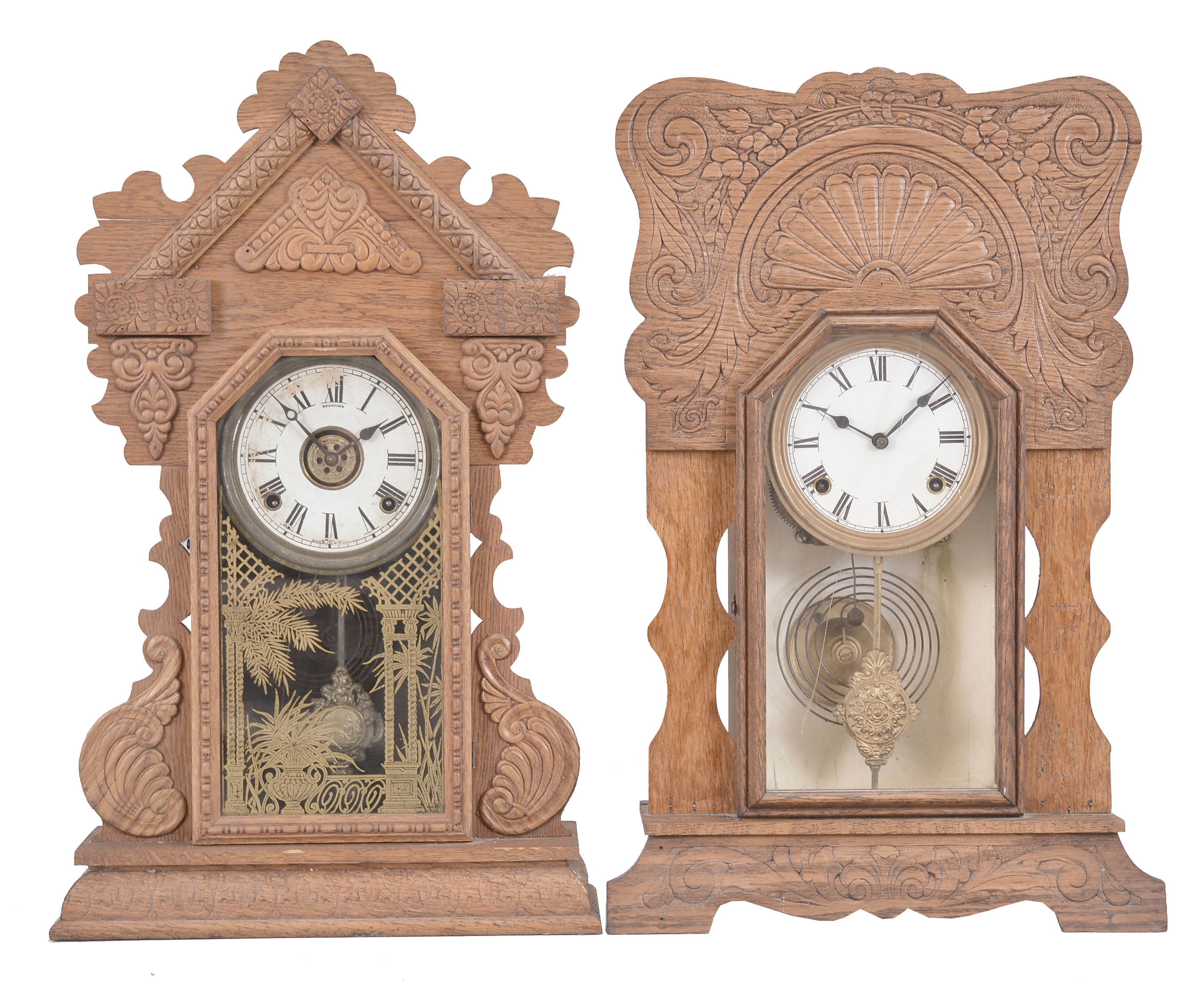 Clocks- 4 (Four) Gingerbread, 8 day, time and strike, spring driven movements in oak cases: (1) E. Ingraham, Bristol, Conn., "Atlantic" mantel clock, time and strike, c1915; (2) Wm. L. Gilbert Clock Co., "Navy No. 26" mantel clock, time and strike with alarm, c1901;(3) Sessions Clock Co., Forestville, Conn., "Grand No.1", time and strike, c1915; (4) Sessions Clock Co., Forestville, Conn., unknown model, time and strike with alarm, c1910. — Antique Clocks Price Guide