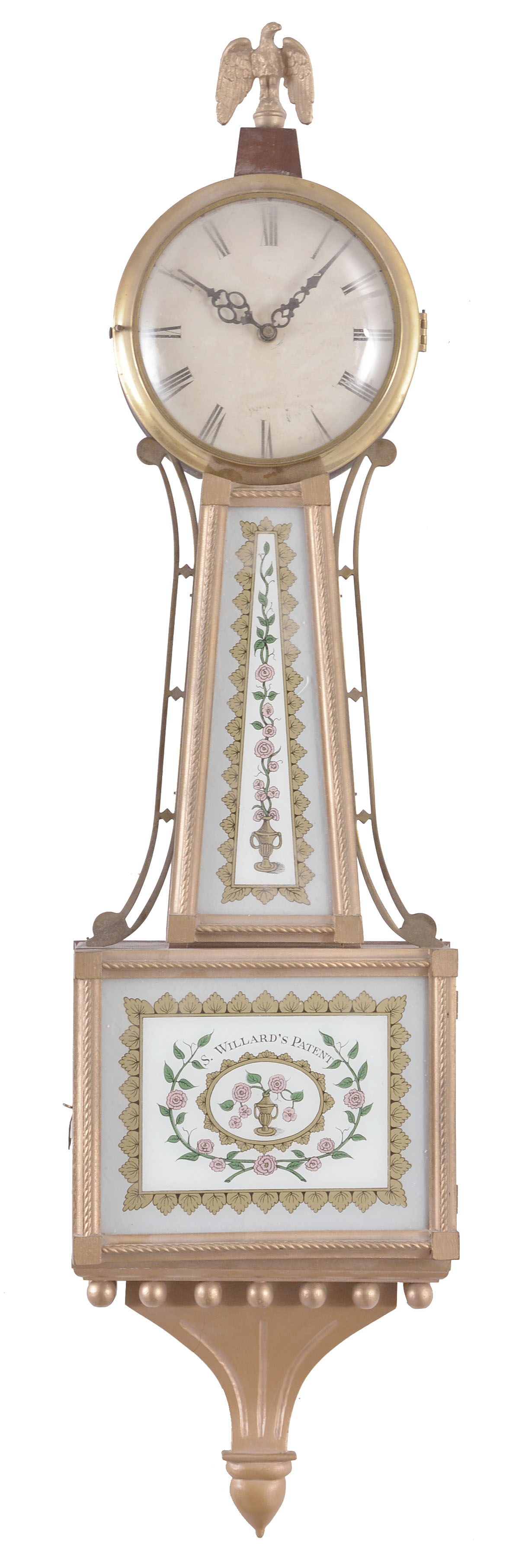 Clocks- 2 (Two): (1) E. Ingraham Co., Bristol, Conn., "Yankee Clipper" banjo clock, 8 day, time and strike, spring driven movement in a mahogany case, c1934; (2) Reproduction "Willard" banjo clock fitted with quartz movement, c1979. — Antique Clocks Price Guide
