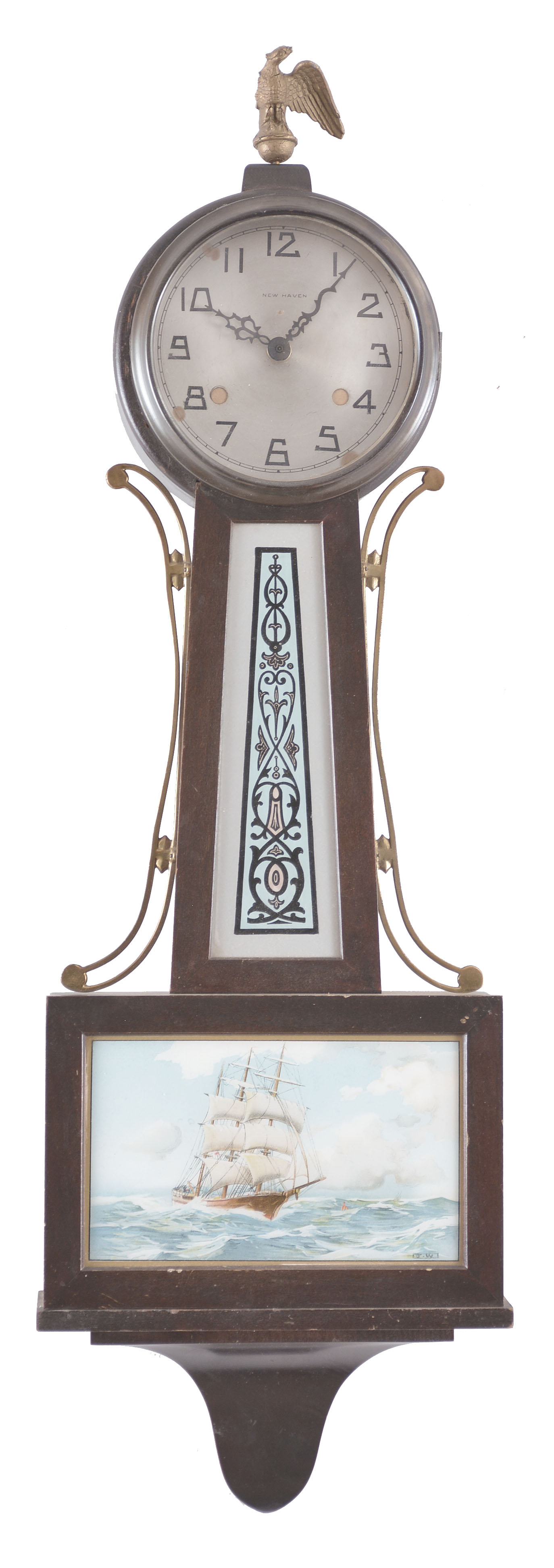 Clocks- 5 (Five): Lot includes two Mission style time and strike wall clocks, a New Haven "Whitney" banjo clock that has been converted to quartz, a full-size modern banjo case, and a E.N. Welch "Drop Octagon No. 2" bevel-front timepiece. — Antique Clocks Price Guide