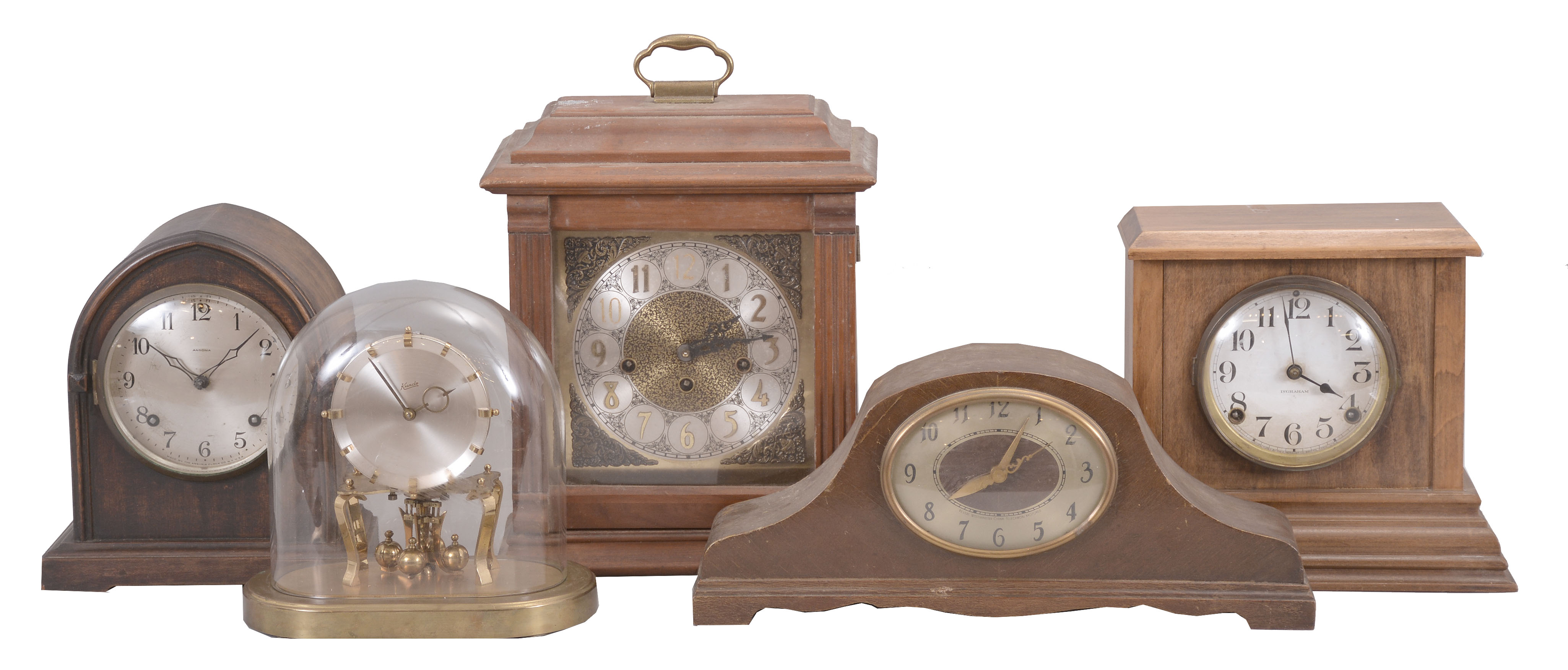 Clocks- 10 (Ten): Lot includes spring and electrically-driven mantel clocks, most in wood cases. Makers include Ingraham, Mauthe, Sessions, Emperor, Telechron, Kundo, and Ansonia — Antique Clocks Price Guide