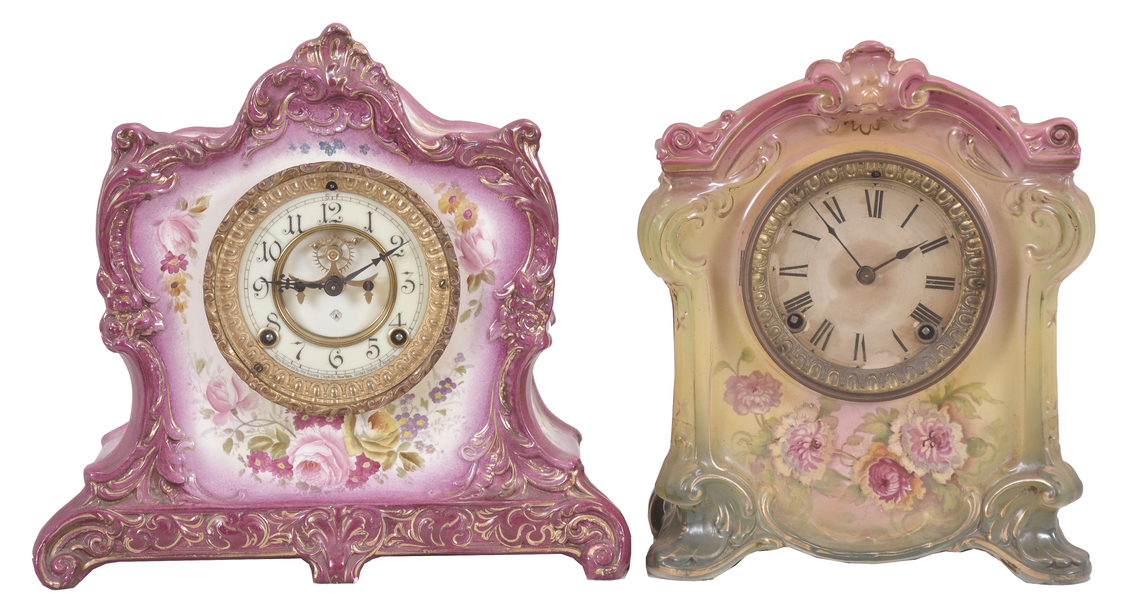 Clocks- 2 (Two) Porcelain mantel: (1) Ansonia Clock Co., New York, "La Lorne" mantel clock, 8 day, time and strike, spring driven movement with visible Brocot escapement in a richly decorated Royal Bonn porcelain case with two-piece enamel dial, c1900; (2) Ansonia Clock Co., New York, "La Sedan" mantel clock, 8 day, time and strike, spring driven movement in a polychrome Royal Bonn porcelain case, c1914; — Antique Clocks Price Guide
