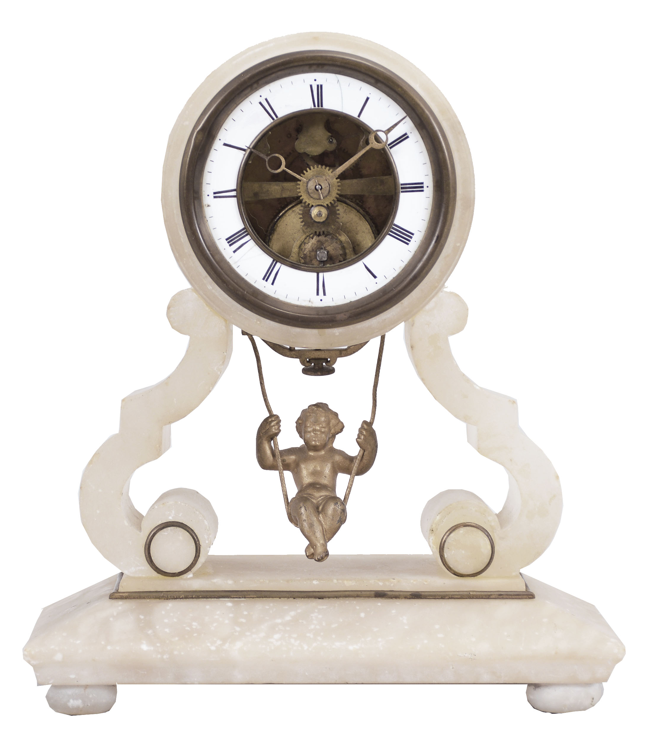 France, probably Eugene Farcot, Paris, swinging doll clock, 8 day, time only, spring driven movement employing the chaff-cutter escapement with two escape wheels in an alabaster case with white enamel chapter ring and putto figure pendulum swinging front-to-back. — Antique Clocks Price Guide