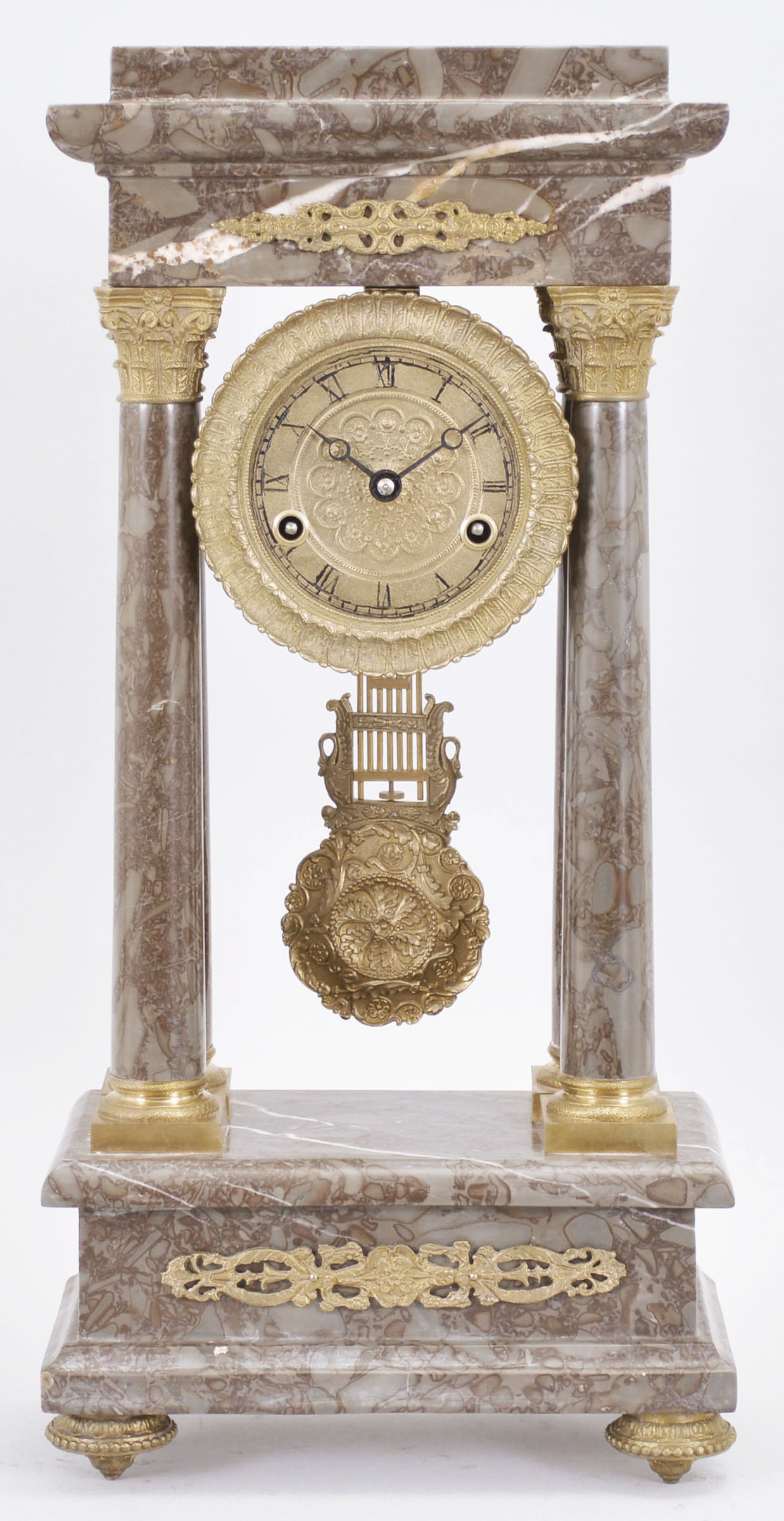French portico clock reproduction, 8 day, time and strike, spring driven over sized French-style movement in a four-column case of variegated gray marble with applied cast gilt ornaments and pendulum, Breguet style hands. — Antique Clocks Price Guide