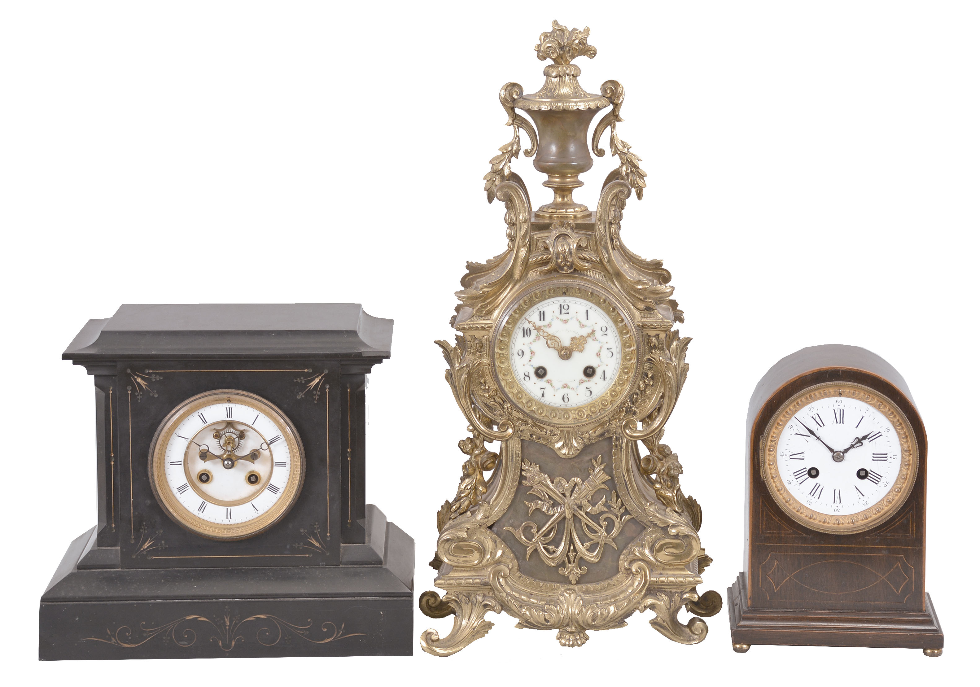 Clocks- 3 (Three) French: lot includes three mantel clocks, 8 day, time and strike, spring driven pendule de Paris movements in cases of mahogany, black slate, and cast brass, all with white enamel dials. — Antique Clocks Price Guide