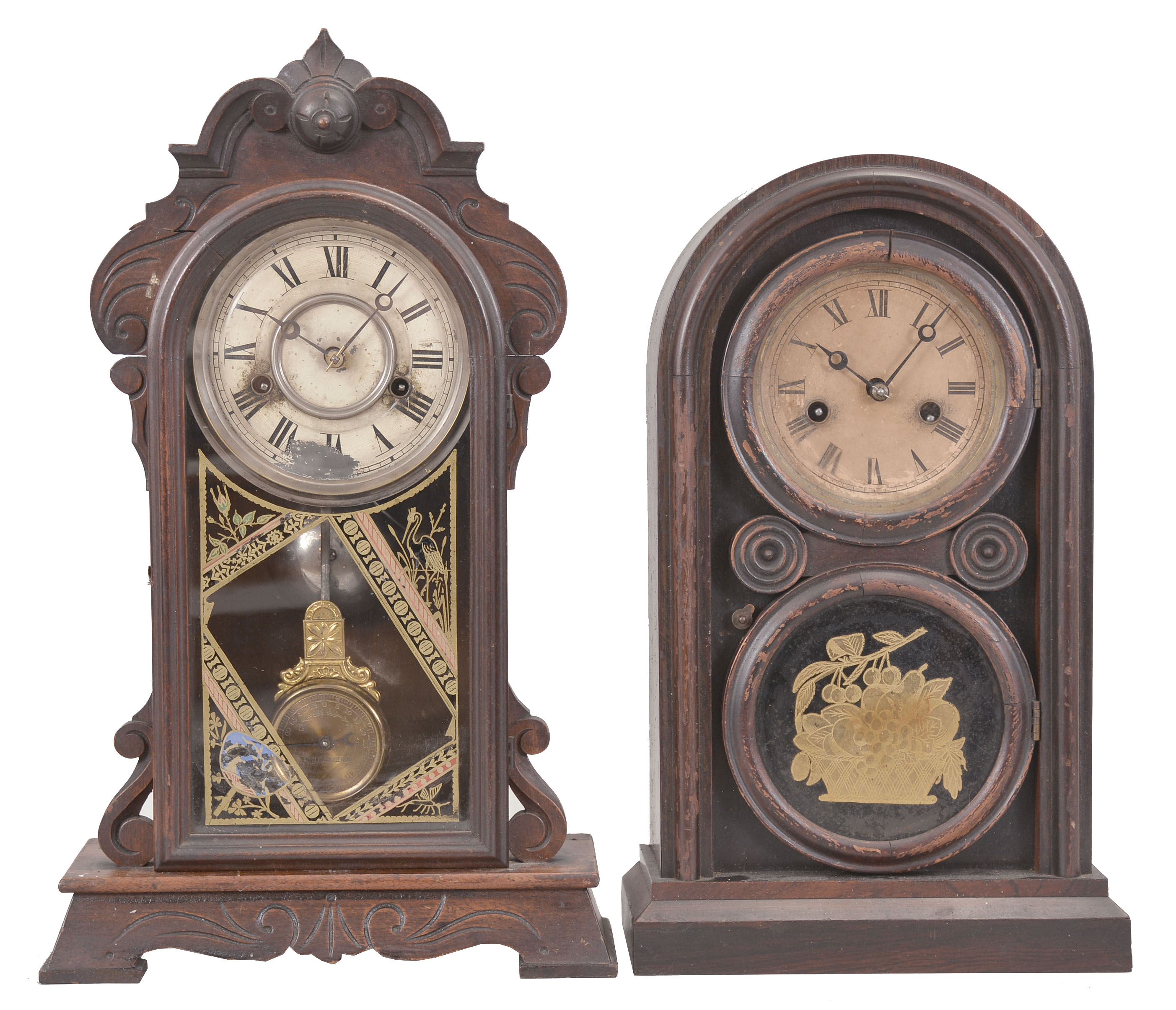 Clocks- 4 (Four): (1) New Haven Clock Co., "Don" mantel clock, 30 hour, time and strike, spring driven movement in a walnut case with patented "Dial Pendulum Ball", c1881; (2) E. Ingraham, "Venetian No. 3" mantel clock, 30 hour, time and strike, spring driven movement in a rosewood veneer case, c1880; (3) Welch, Spring, &amp; Co., "Empress" mantel clock, 8 day, time and strike in a rosewood veneer case, c1880; (4) Waterbury Clock Co., "Cardinal" mantle clock, 30 hour, time and strike with alarm, spring driven movement in a rosewood veneered case, c1881. — Antique Clocks Price Guide