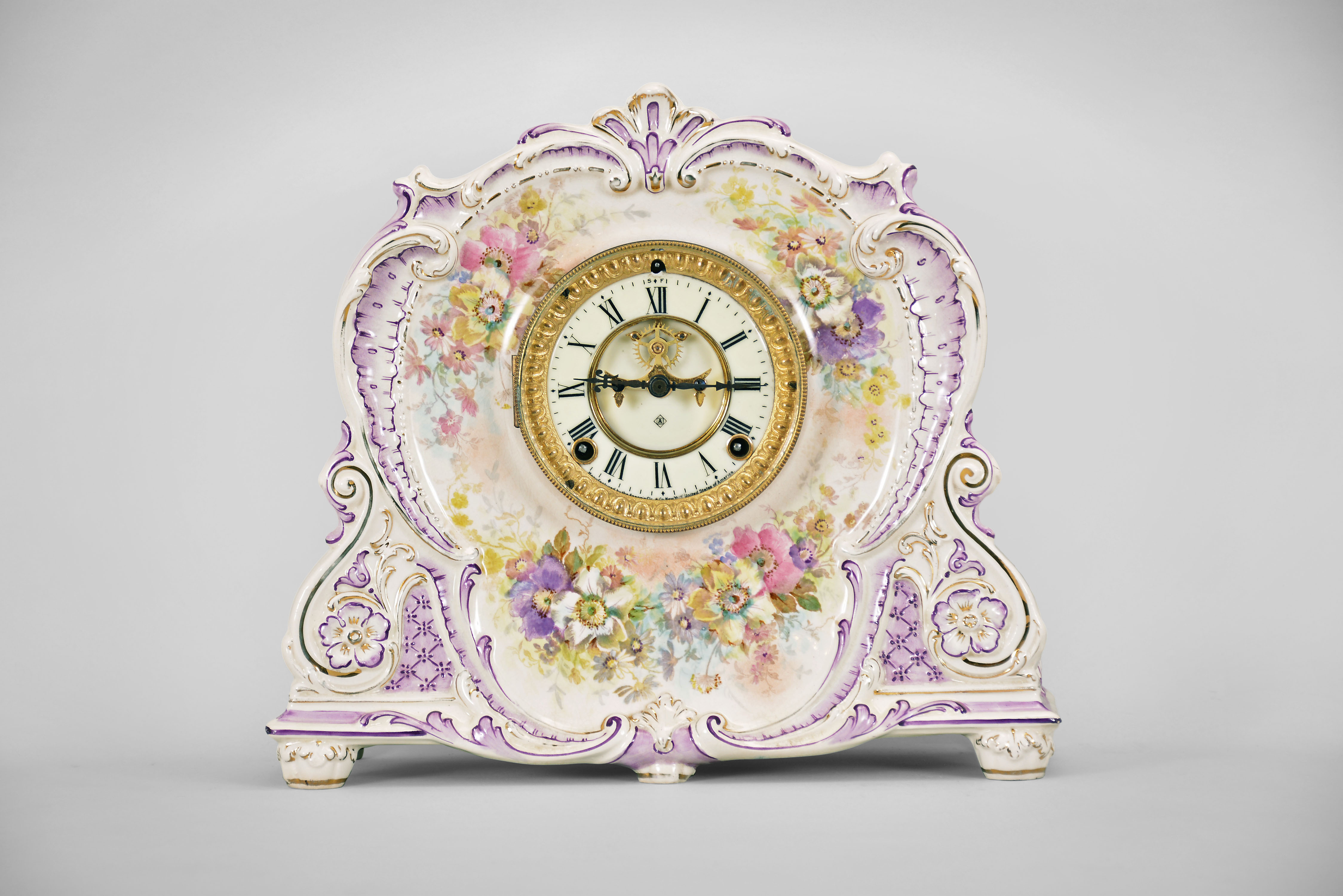Ansonia Clock Co., New York, "La Marne", 8 day, time and strike spring brass visible escapement movement porcelain mantel clock. — Antique Clocks Price Guide