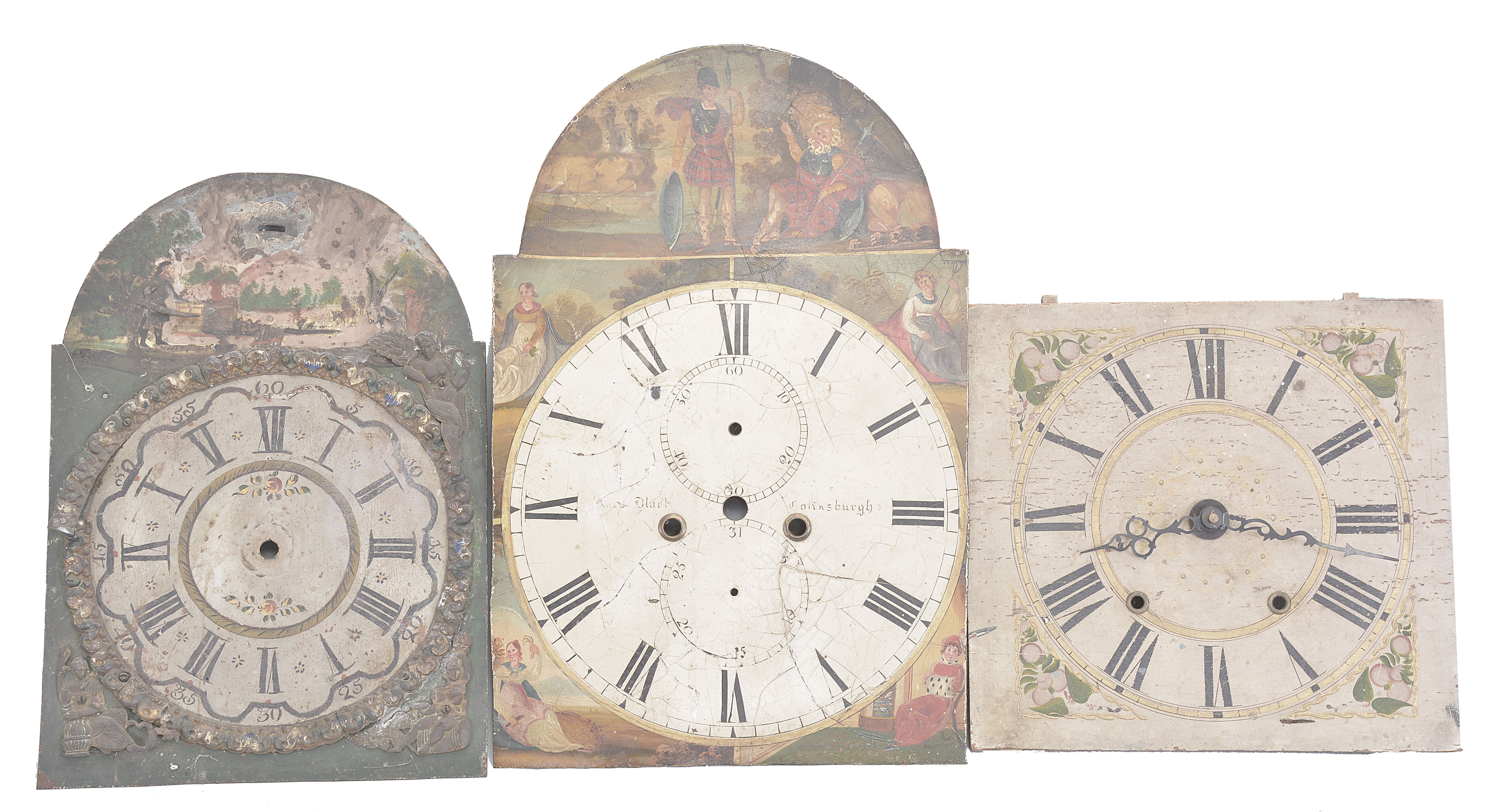 3 clock dials- One Dutch Staartklok dial, one English tall clock dial, — Antique Clocks Price Guide