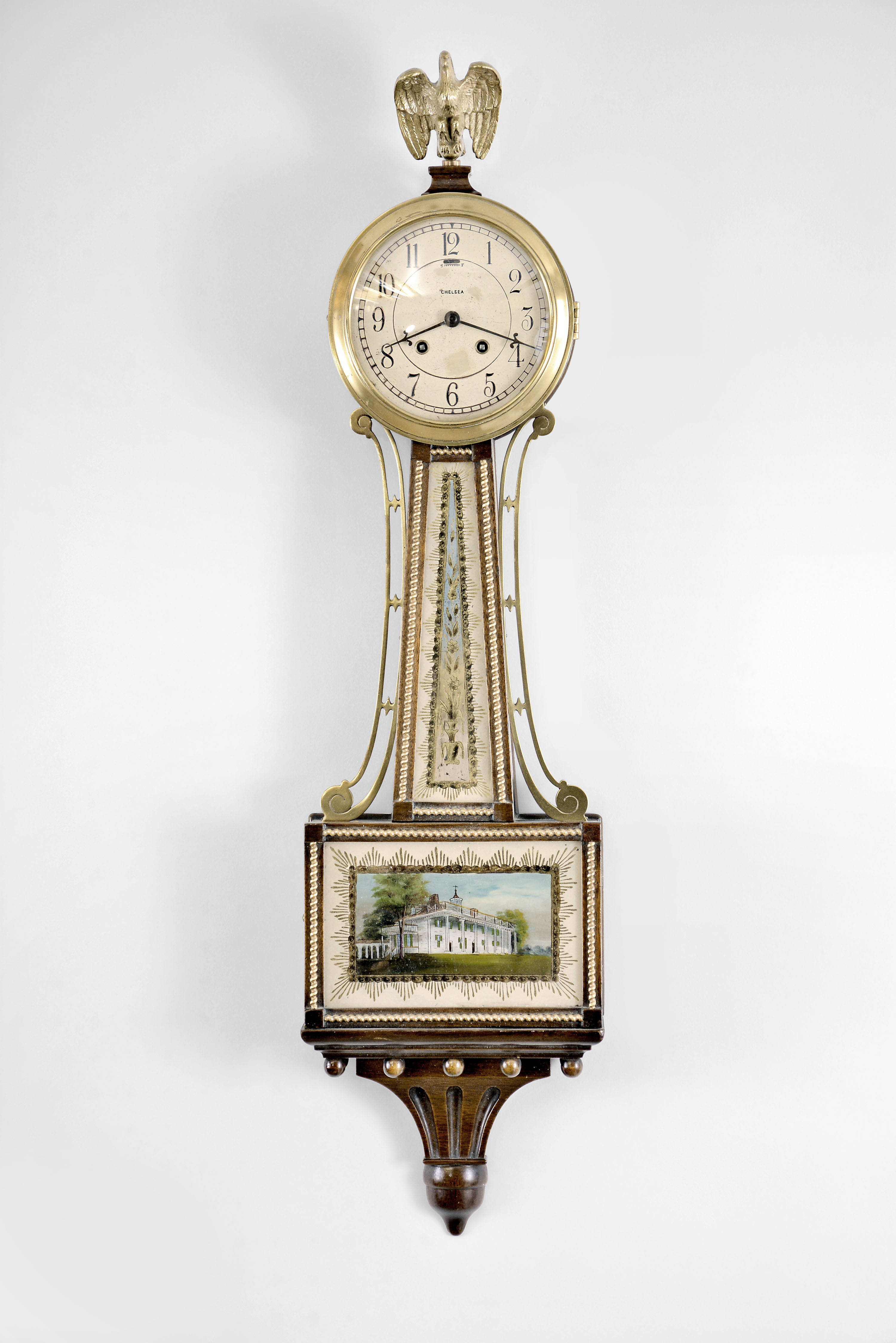 Chelsea Clock Co., Boston, Mass., 8 day, time and house strike spring brass lever movement patent or banjo wall timepiece. Serial No. 179891. — Antique Clocks Price Guide