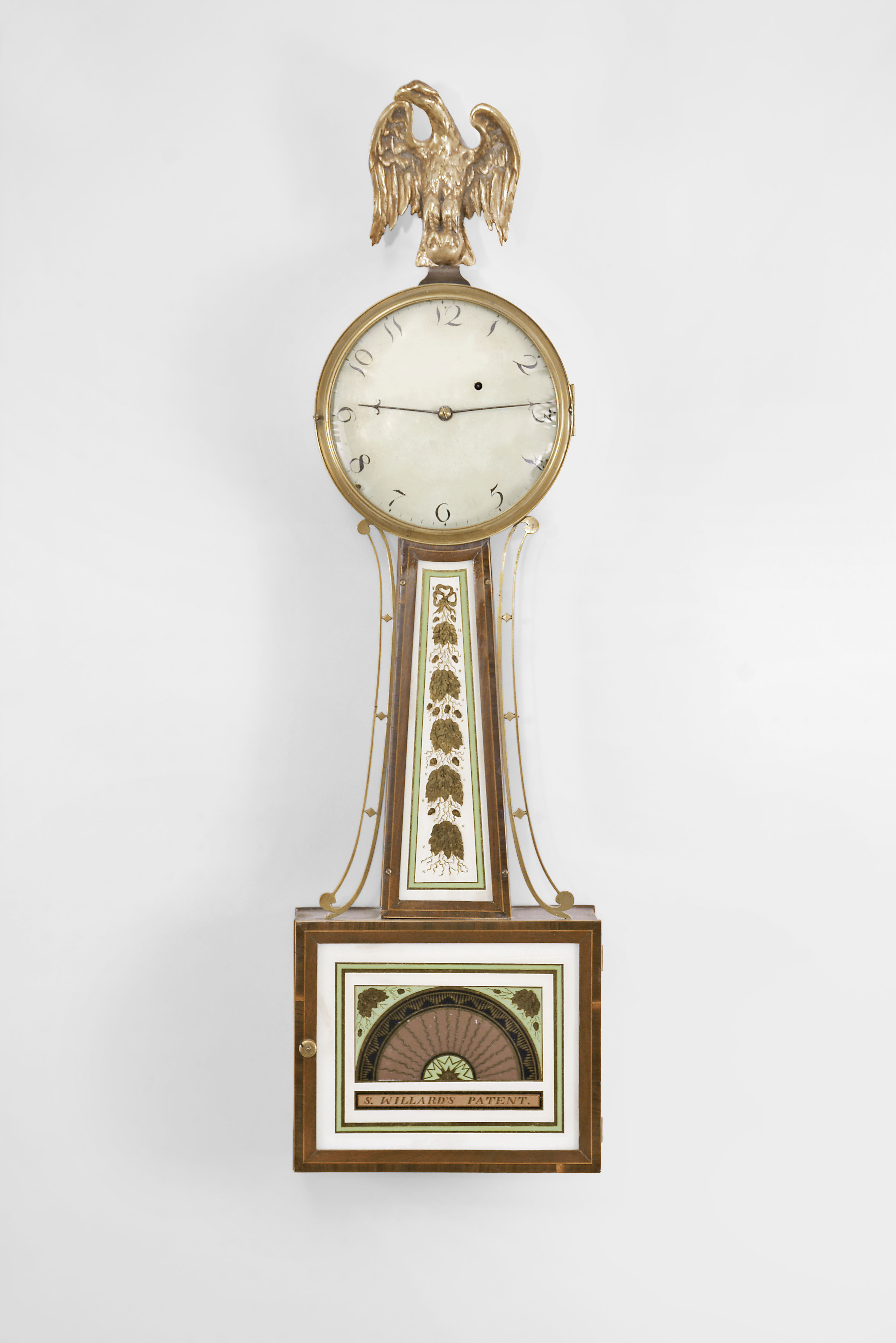 Attributed to Simon Willard, Boston, Mass., 8 day, weight brass movement patent or banjo wall timepiece. — Antique Clocks Price Guide