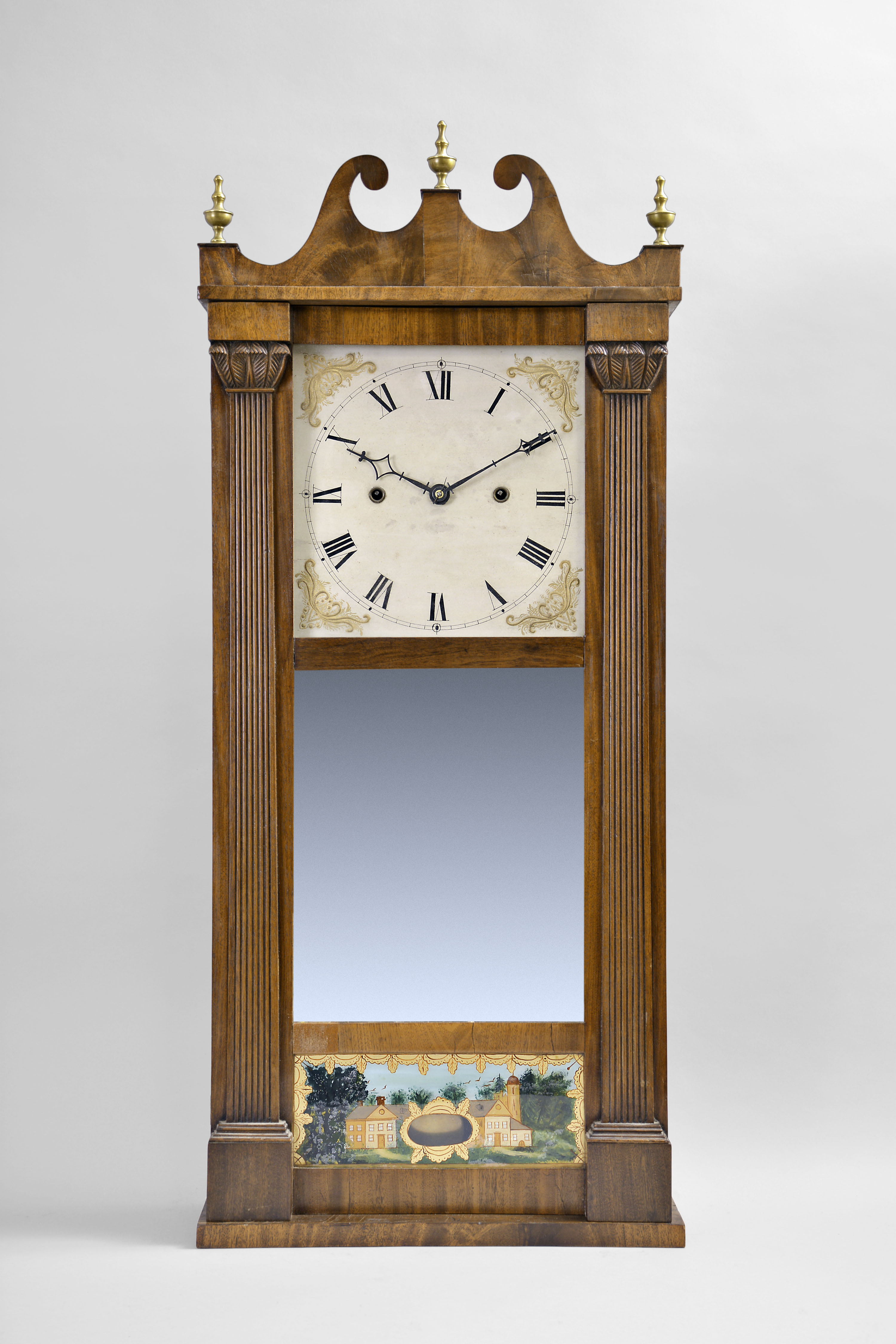 Merriman, Birge &amp; Co., Bristol, Conn., 30 hour, weight wood movement with roller pinions reeded pilaster &amp; scroll top shelf clock. — Antique Clocks Price Guide