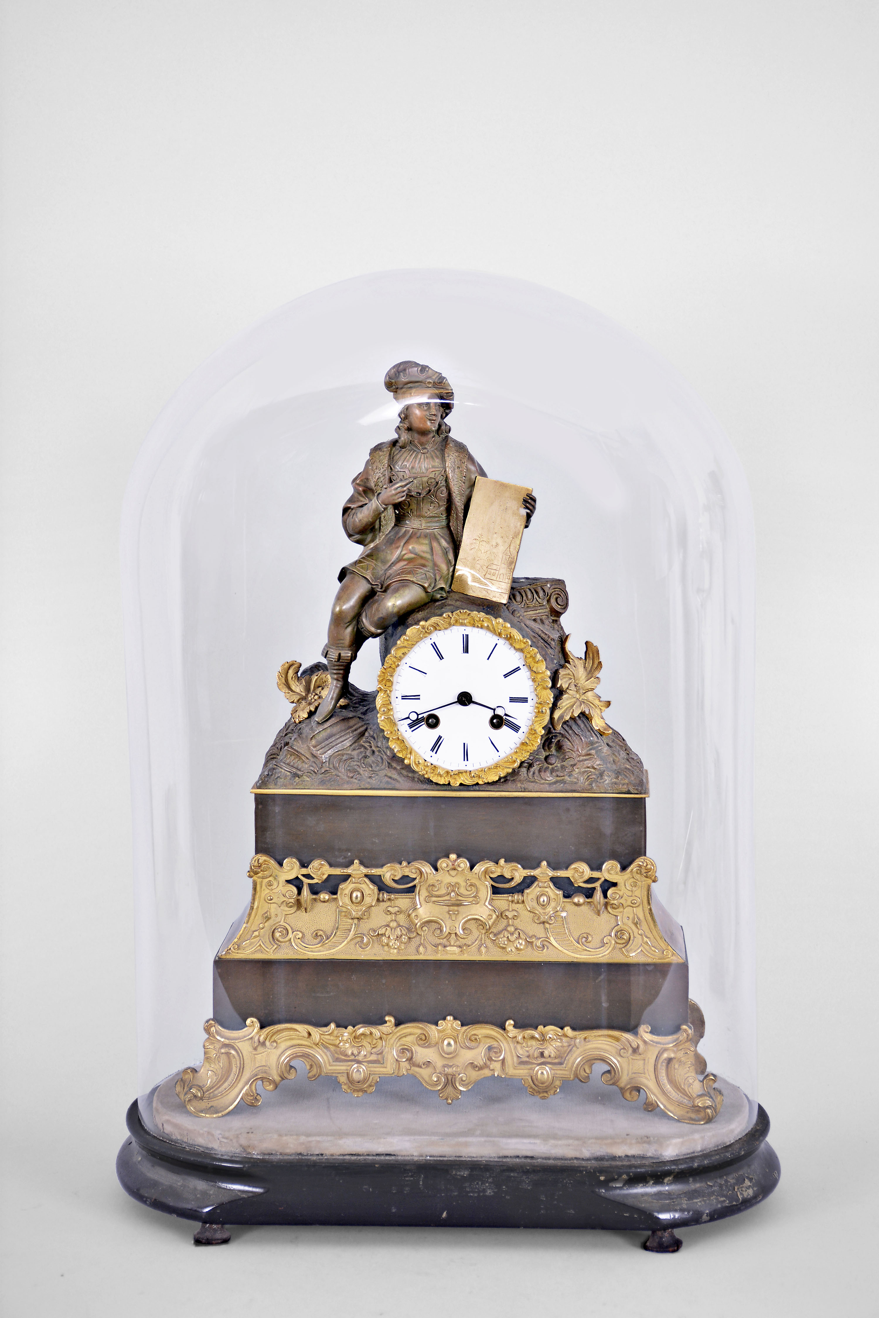 French figural mantel clock in bronze and gilt depicting artist at work, — Antique Clocks Price Guide