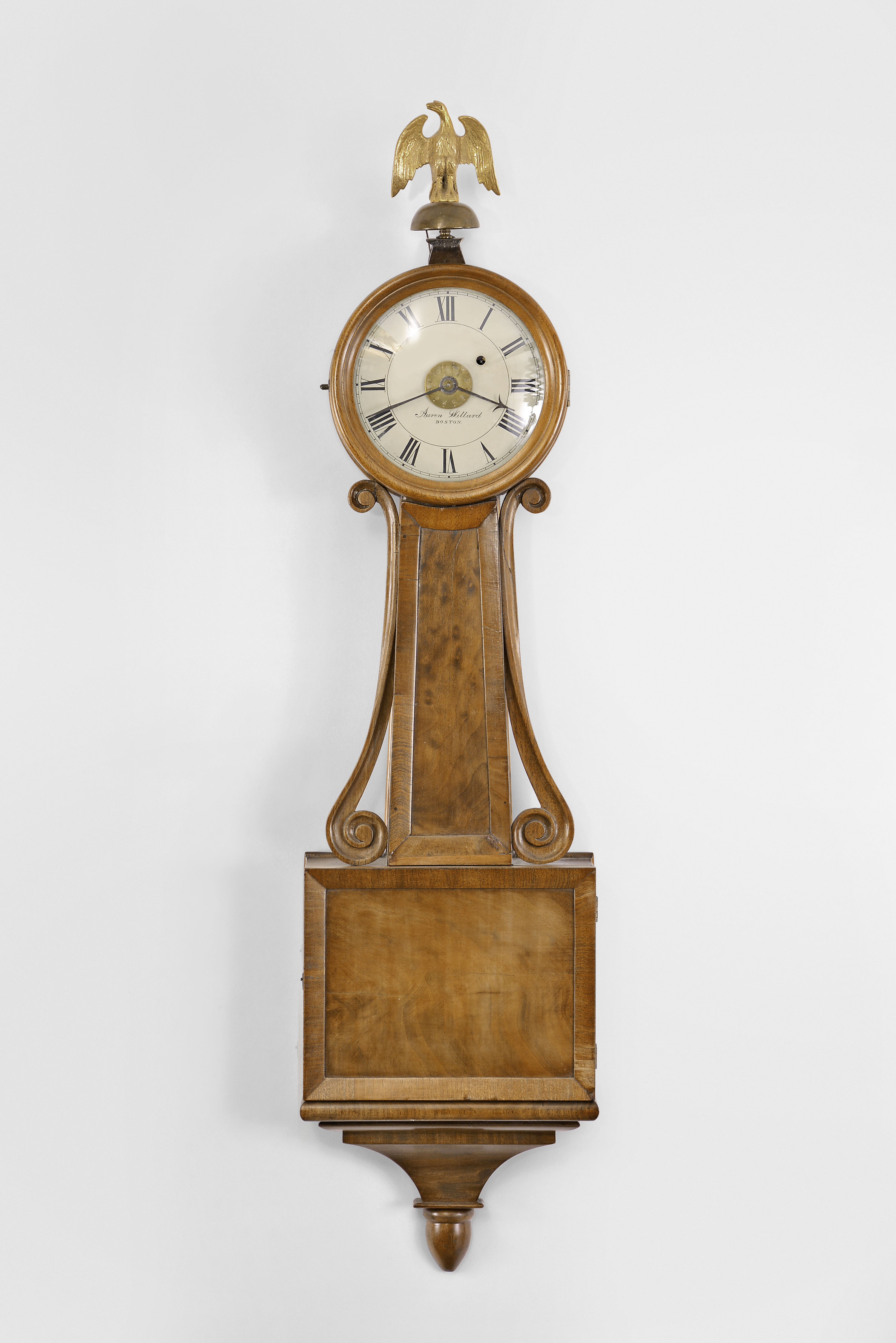 Unknown, possibly Boston area, 8 day, weight-driven brass movement patent or banjo wall timepiece with alarm. — Antique Clocks Price Guide