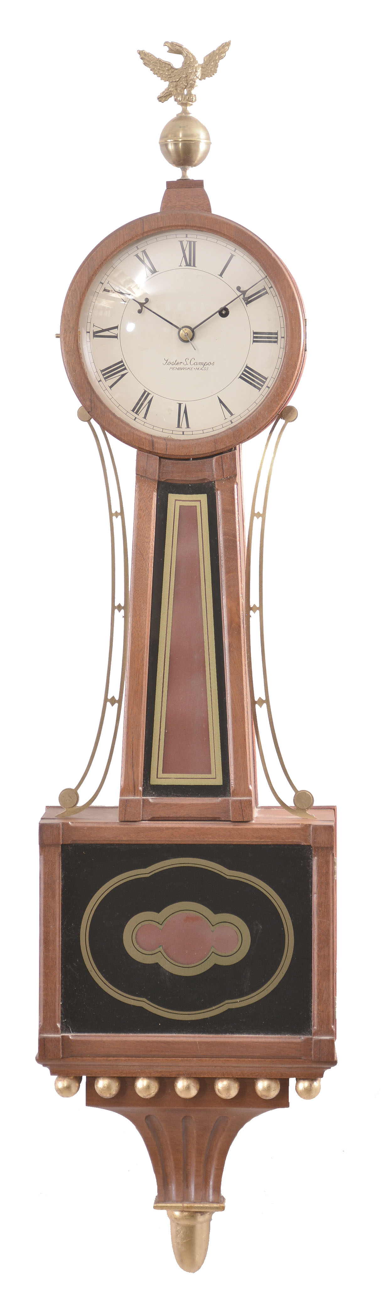 Clocks- 2 (Two): Banjo: (1) Unknown, possibly E. Howard, Boston, banjo clock, 8 day, time only, weight driven movement in a mahogany gilt front case with painted metal dial reading "E. Howard &amp; Co. / Boston / Reproduction of The Willard.", c1910. (2) Unknown, banjo clock, 8 day, time only, weight driven movement in a handmade mahogany case with dial signed by Foster Campos, c1990. — Antique Clocks Price Guide