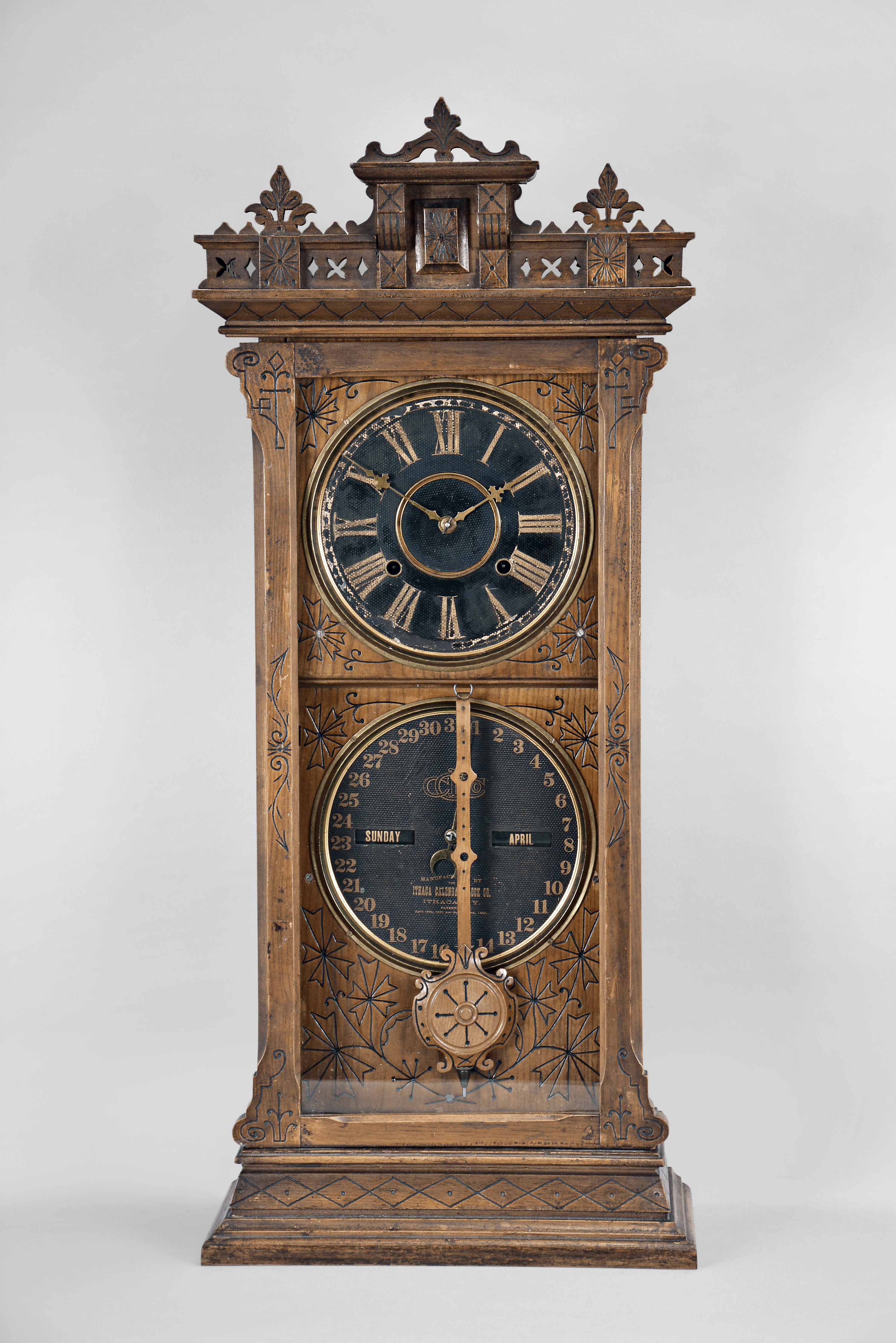 Ithaca Calendar Clock Co., Ithaca, NY, "No. 6 1/2 Belgrade" shelf clock with E. N. Welch spring driven 8 day time and strike movement with a perpetual calendar mechanism in an ash case. — Antique Clocks Price Guide